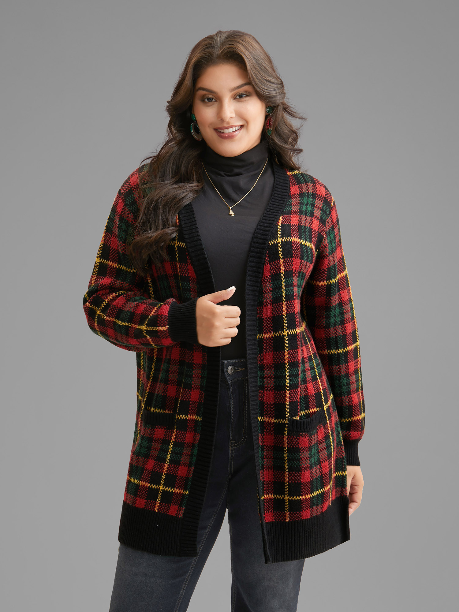 Plus Size Holiday Plaid V-neck Open Cardigan Black Women Casual Loose Long Sleeve Everyday Cardigans BloomChic 12/L 