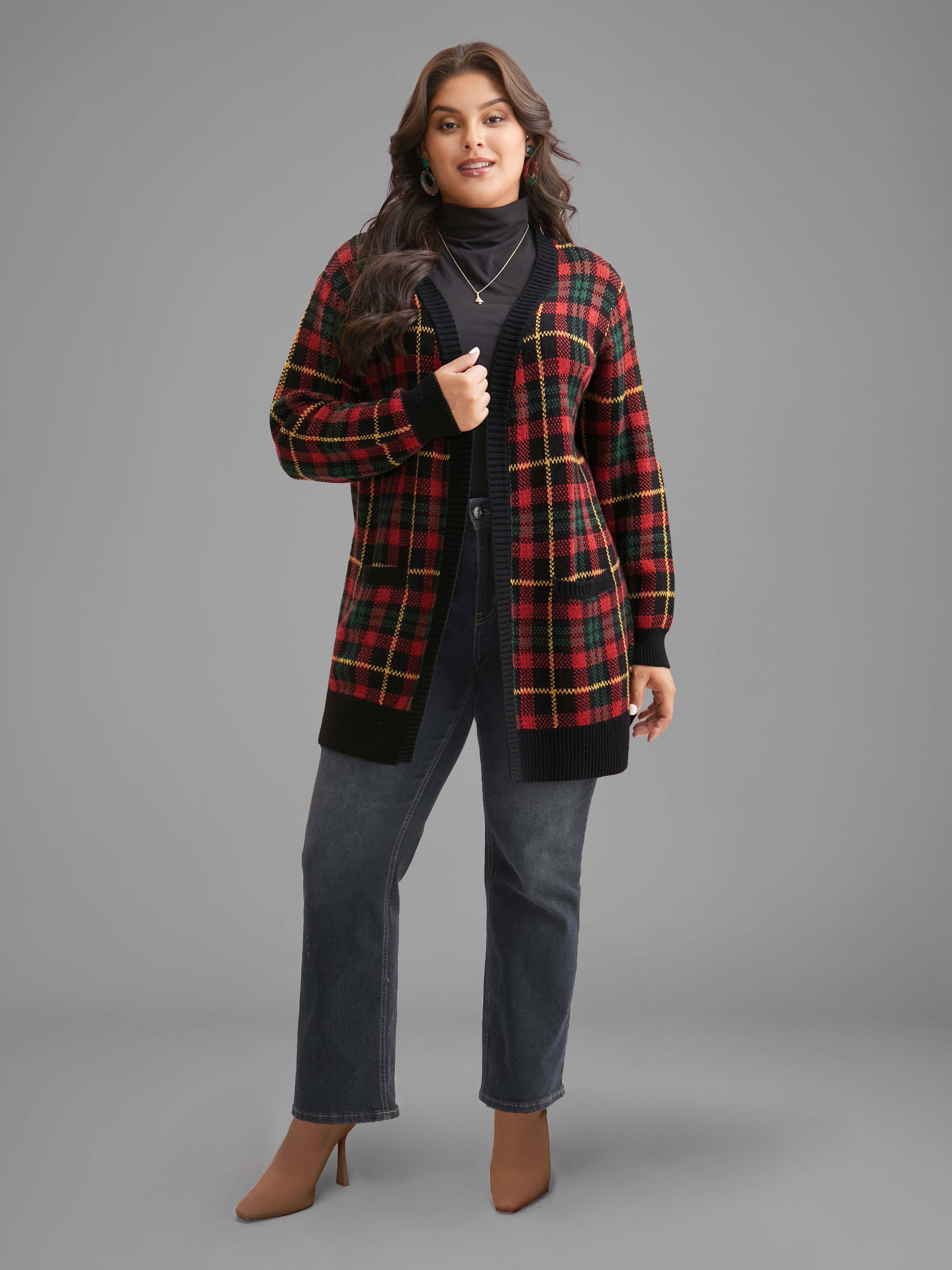 Plus Size Holiday Plaid V-neck Open Cardigan Black Women Casual Loose Long Sleeve Everyday Cardigans BloomChic 12/L 