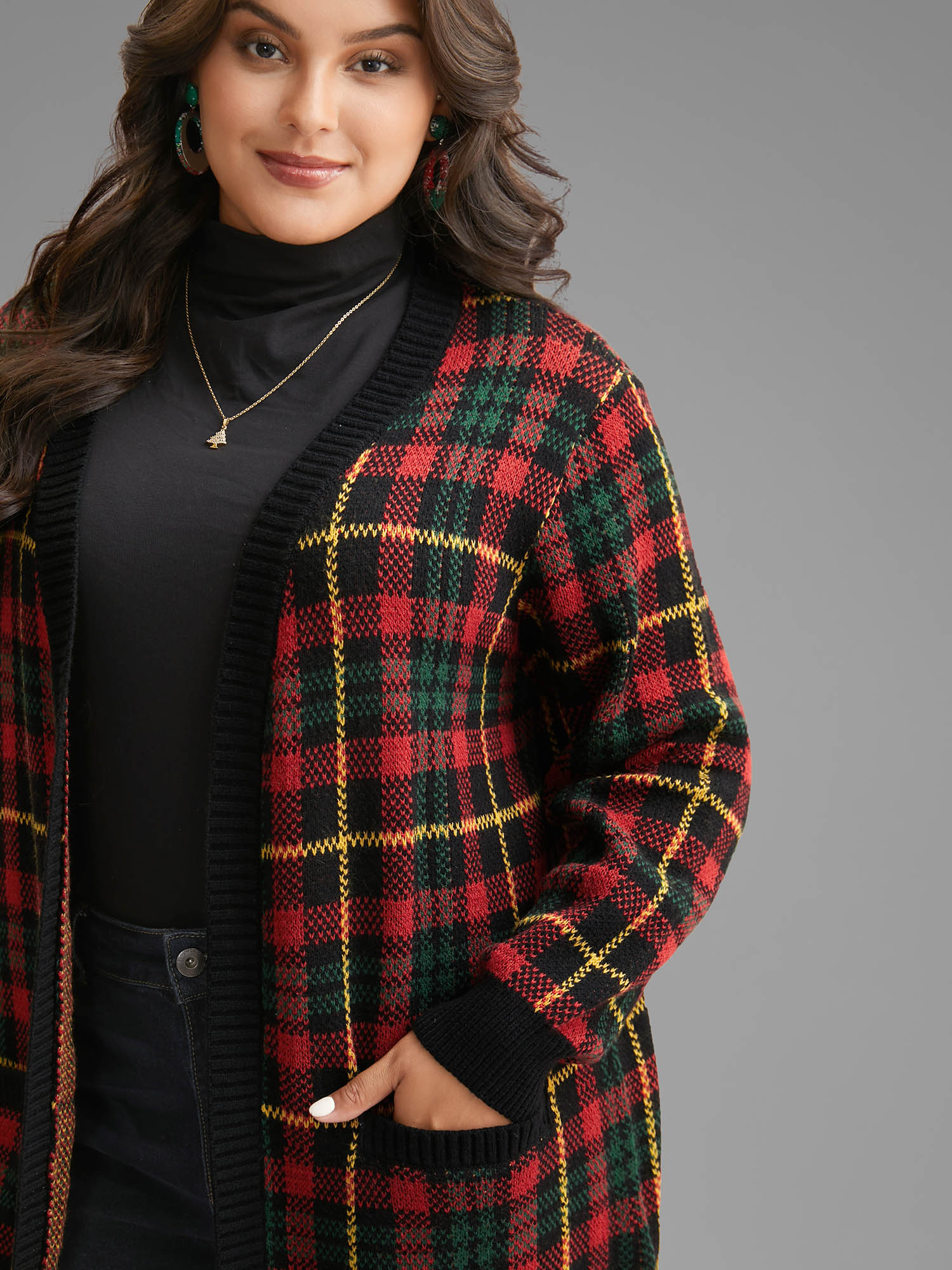 Plus Size Holiday Plaid V-neck Open Cardigan Black Women Casual Loose Long Sleeve Everyday Cardigans BloomChic 12/L 