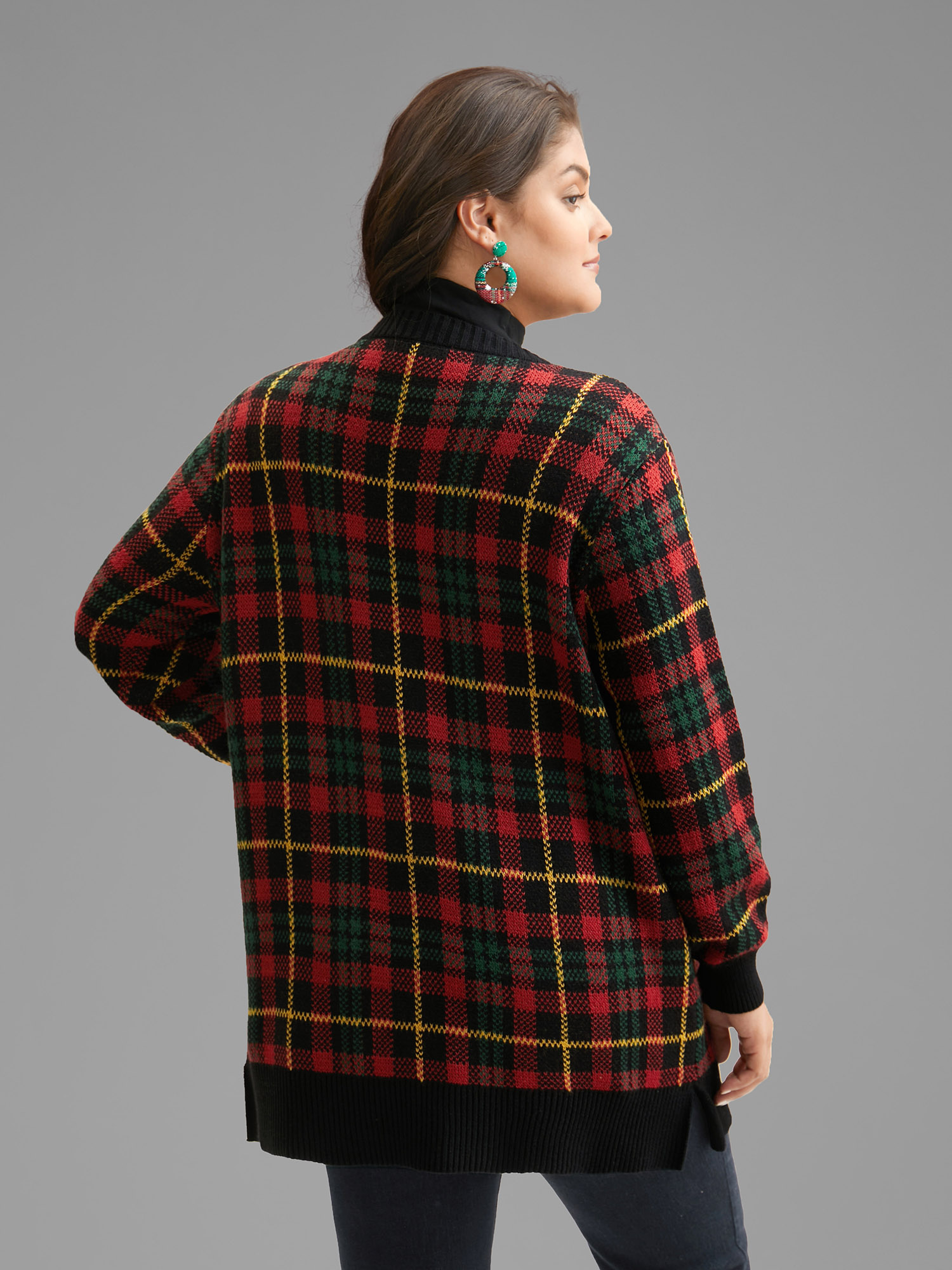 Plus Size Holiday Plaid V-neck Open Cardigan Black Women Casual Loose Long Sleeve Everyday Cardigans BloomChic 12/L 