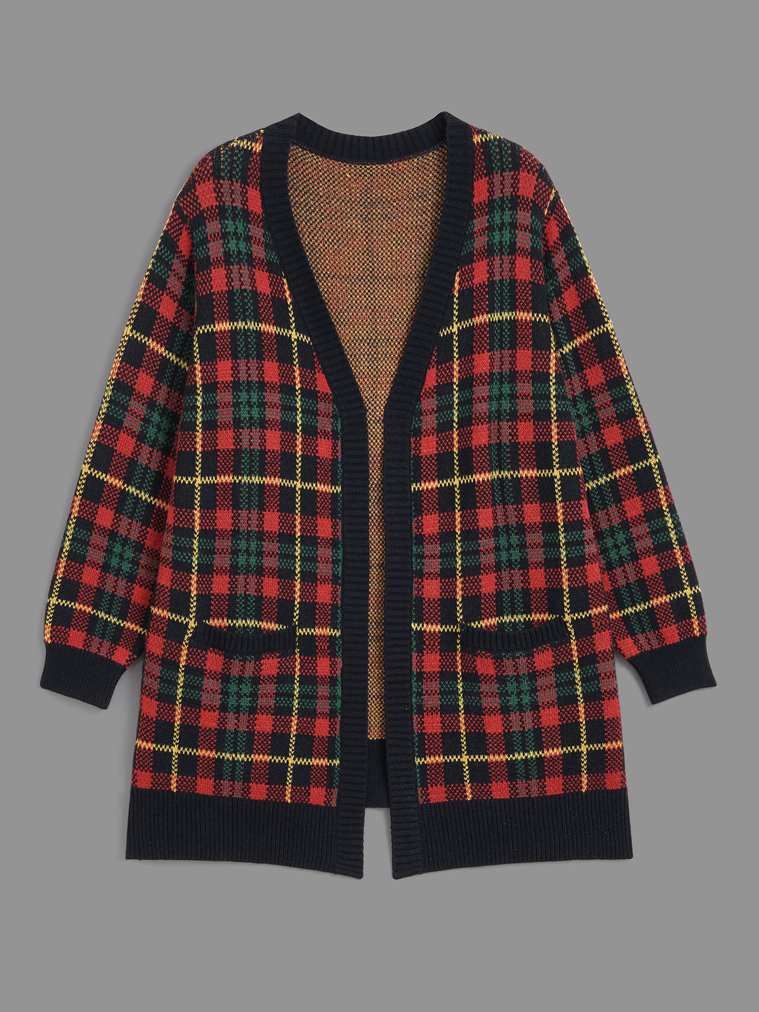 Plus Size Holiday Plaid V-neck Open Cardigan Black Women Casual Loose Long Sleeve Everyday Cardigans BloomChic 12/L 