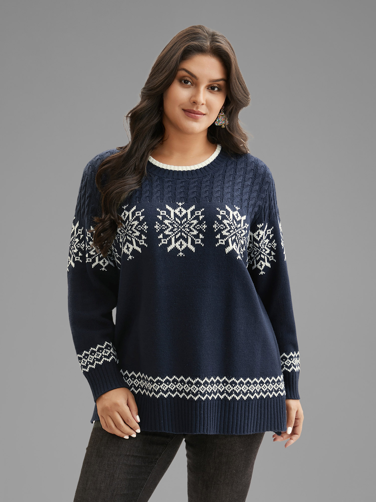 

Plus Size Snowflakes Pattern Contrast Round Neck Pullover Midnight Women Casual Loose Long Sleeve Round Neck Everyday Pullovers BloomChic