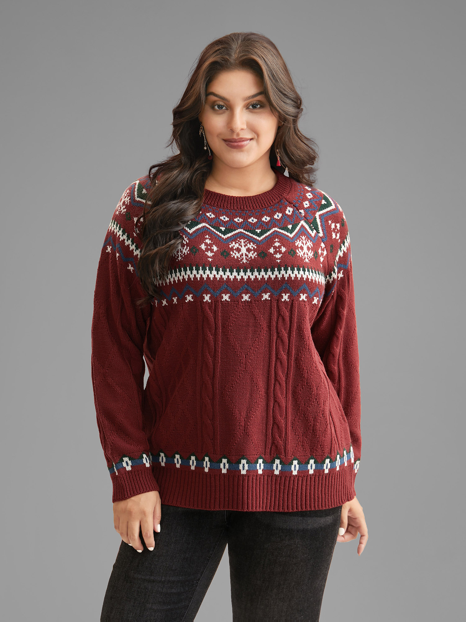 BloomChic Women's Plus Size Festive Fair Isle Cable Knit Pullover Deepred Christmas Long Sleeve 14-16/1X