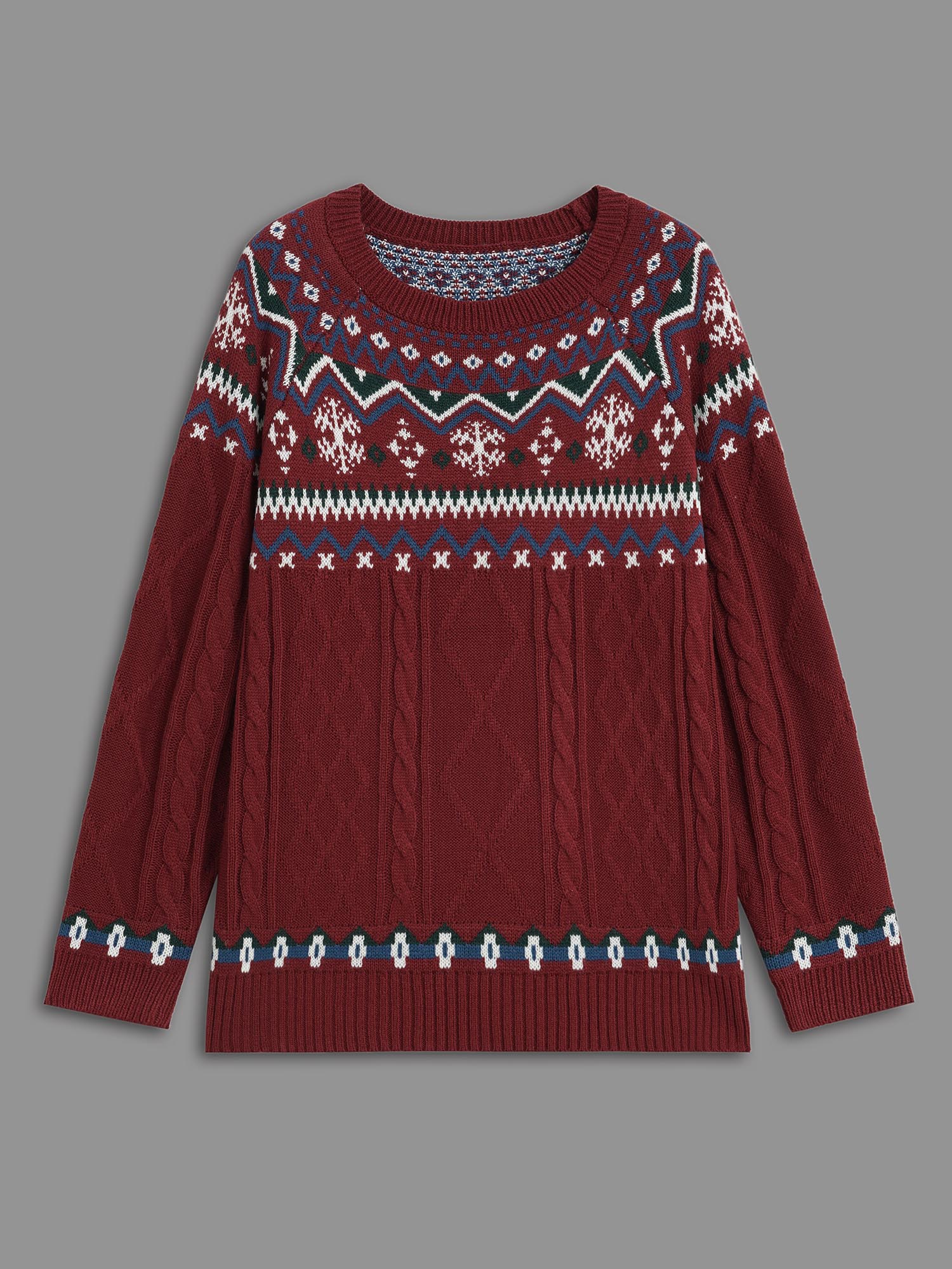 

Plus Size Festive Fair Isle Cable Knit Pullover Deepred Women Casual Loose Long Sleeve Round Neck Everyday Pullovers BloomChic