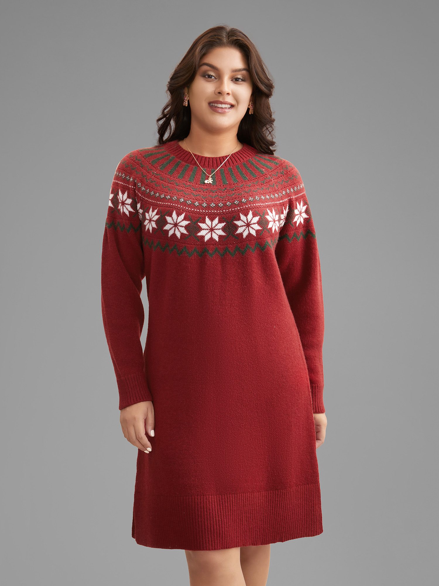 

Plus Size Fair Isle Geometric Midi Sweater Dress Scarlet Women Casual Loose Long Sleeve Everyday Sweater Dresses BloomChic