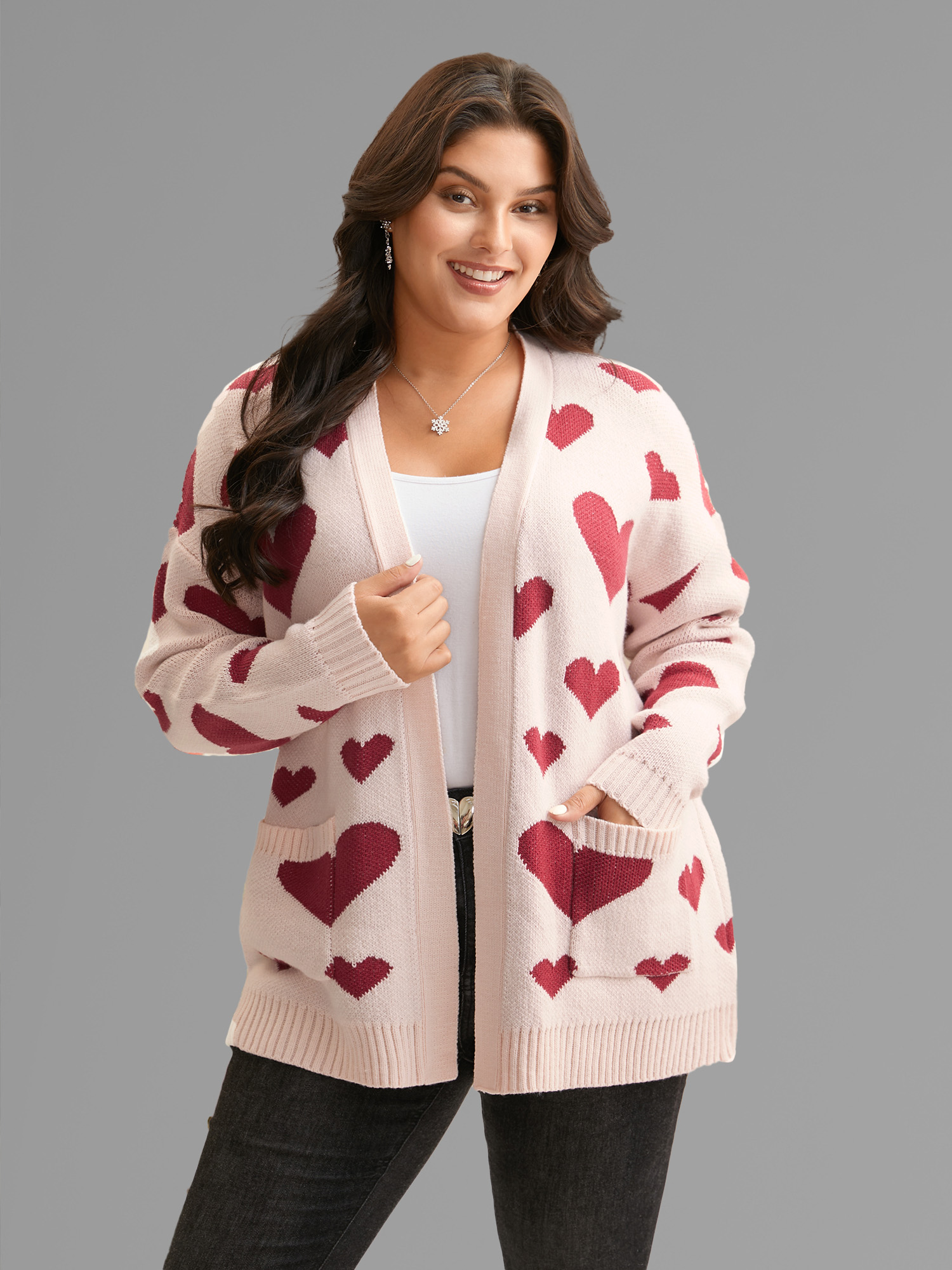 Plus Size Hearts Out Embroidered Pockets Cardigan MistyRose Women Casual Loose Long Sleeve Everyday Cardigans BloomChic 22-24/3X 
