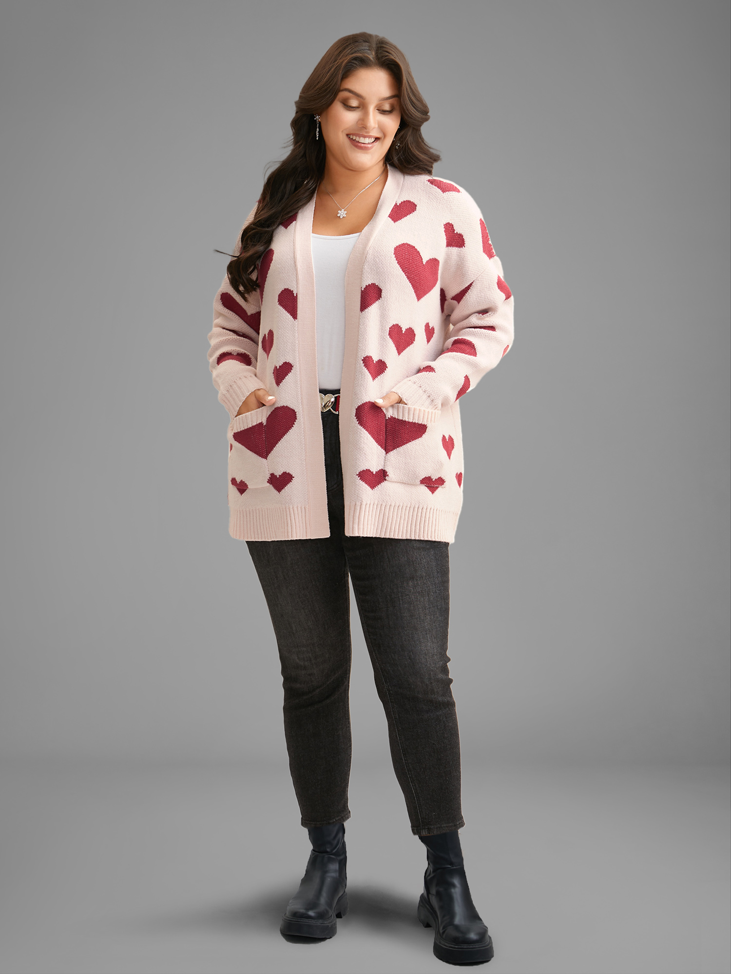 Plus Size Hearts Out Embroidered Pockets Cardigan MistyRose Women Casual Loose Long Sleeve Everyday Cardigans BloomChic 22-24/3X 