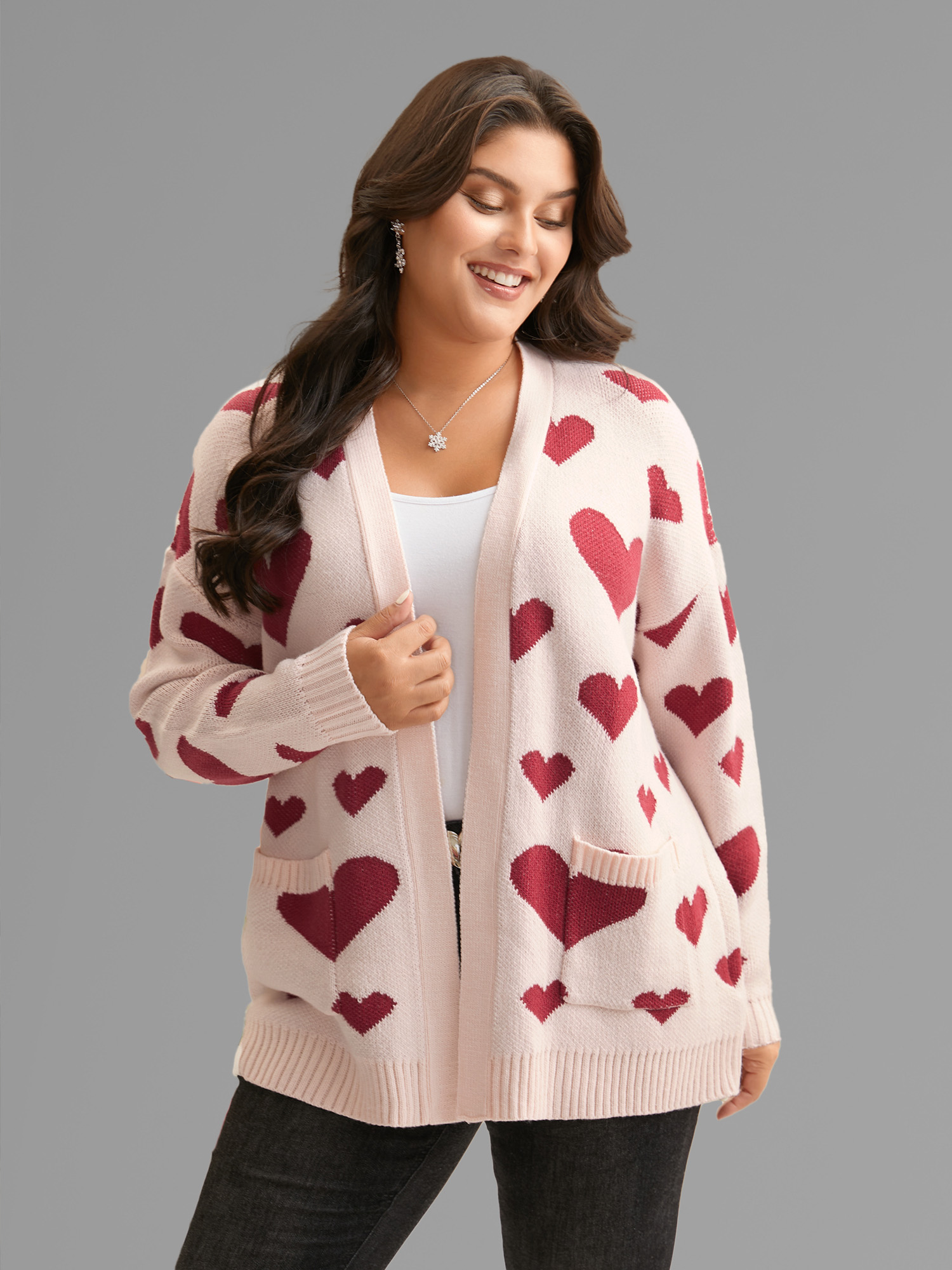 Plus Size Hearts Out Embroidered Pockets Cardigan MistyRose Women Casual Loose Long Sleeve Everyday Cardigans BloomChic 22-24/3X 