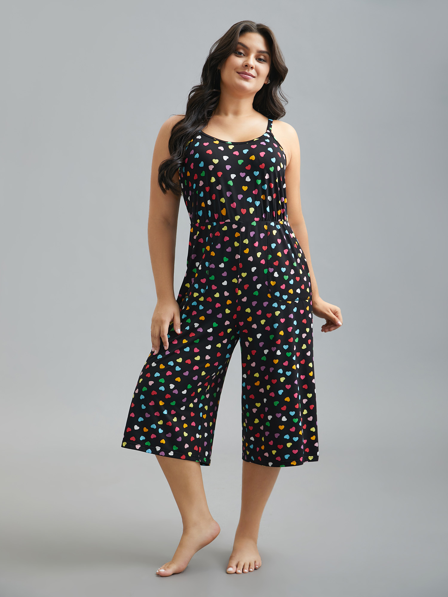 

Plus Size Multi-Color Hearts Print Cami Lounge Jumpsuit Black 14/M Bloomchic