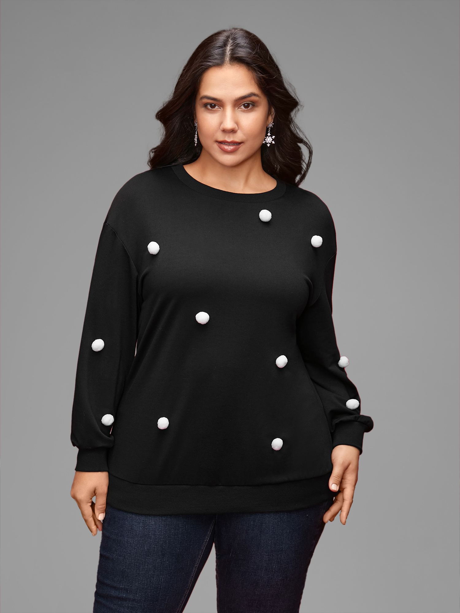 

Plus Size 3D Dots Round Neck Relaxed Fit Sweatshirt Women Black Casual Patchwork Round Neck Everyday Sweatshirts BloomChic