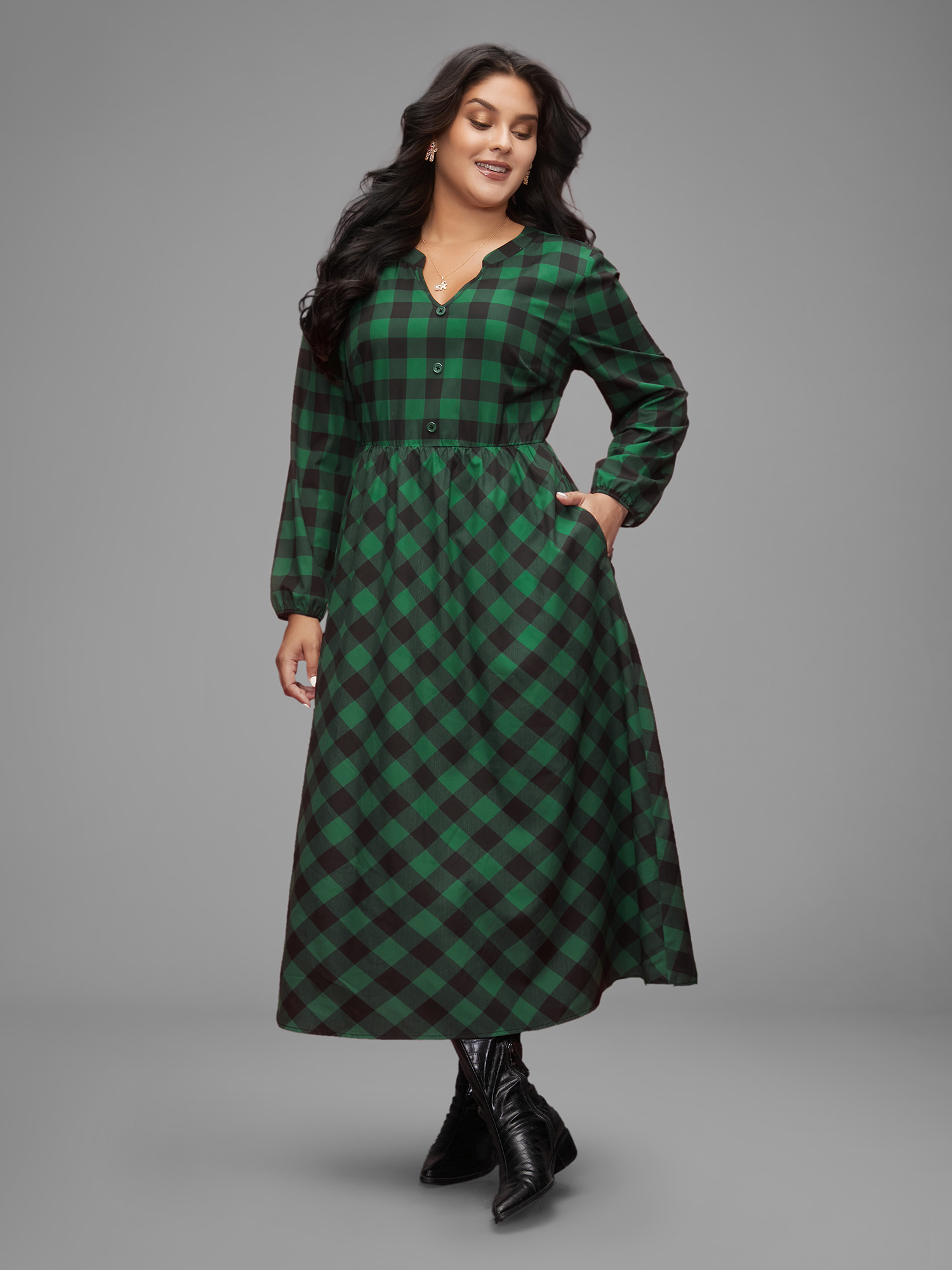 Plus Size Plaid Notched Collar Midi Dress DarkGreen Women Elegant Button Notched collar Long Sleeve Curvy BloomChic 10/M 