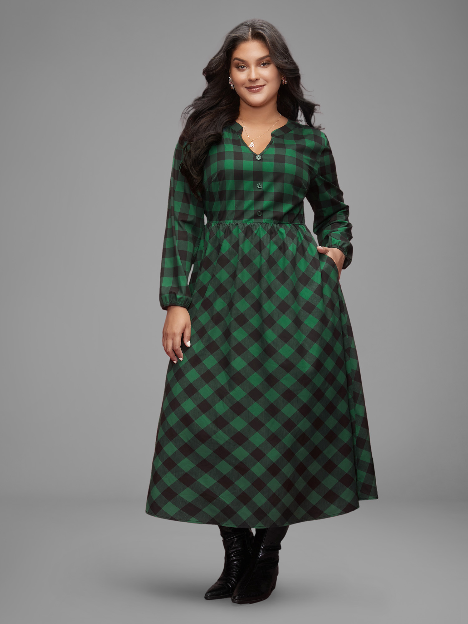 Plus Size Plaid Notched Collar Midi Dress DarkGreen Women Elegant Button Notched collar Long Sleeve Curvy BloomChic 10/M 