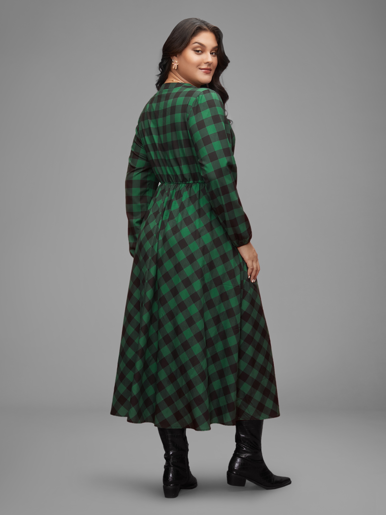 

Plus Size Plaid Notched Collar Midi Dress DarkGreen Women Elegant Button Notched collar Long Sleeve Curvy BloomChic