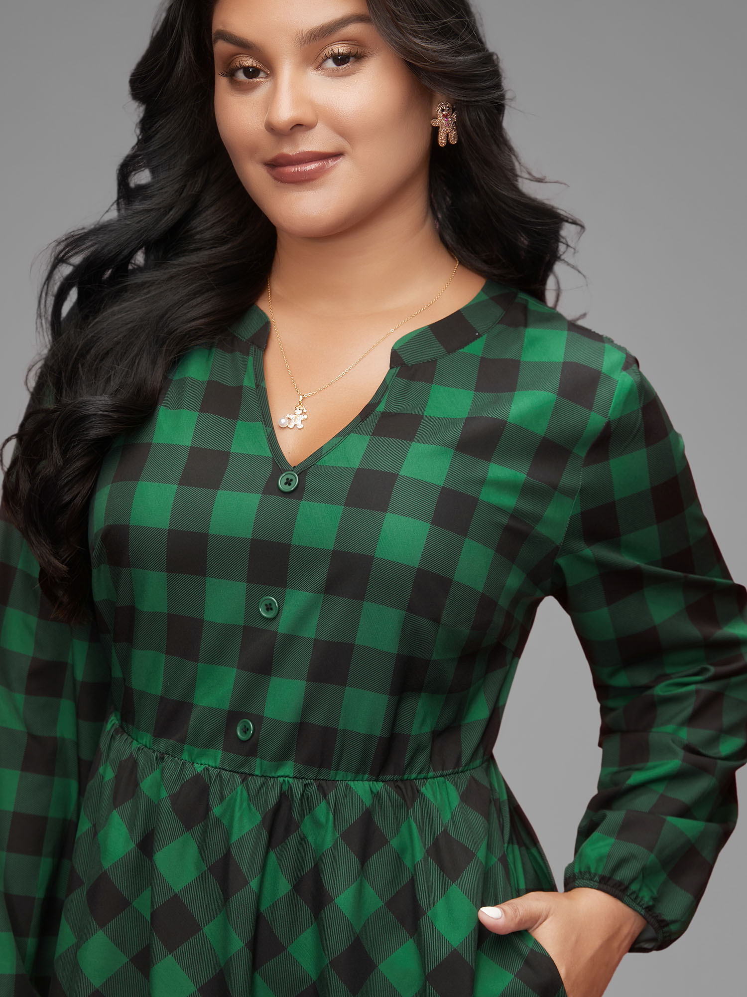 Plus Size Plaid Notched Collar Midi Dress DarkGreen Women Elegant Button Notched collar Long Sleeve Curvy BloomChic 10/M 