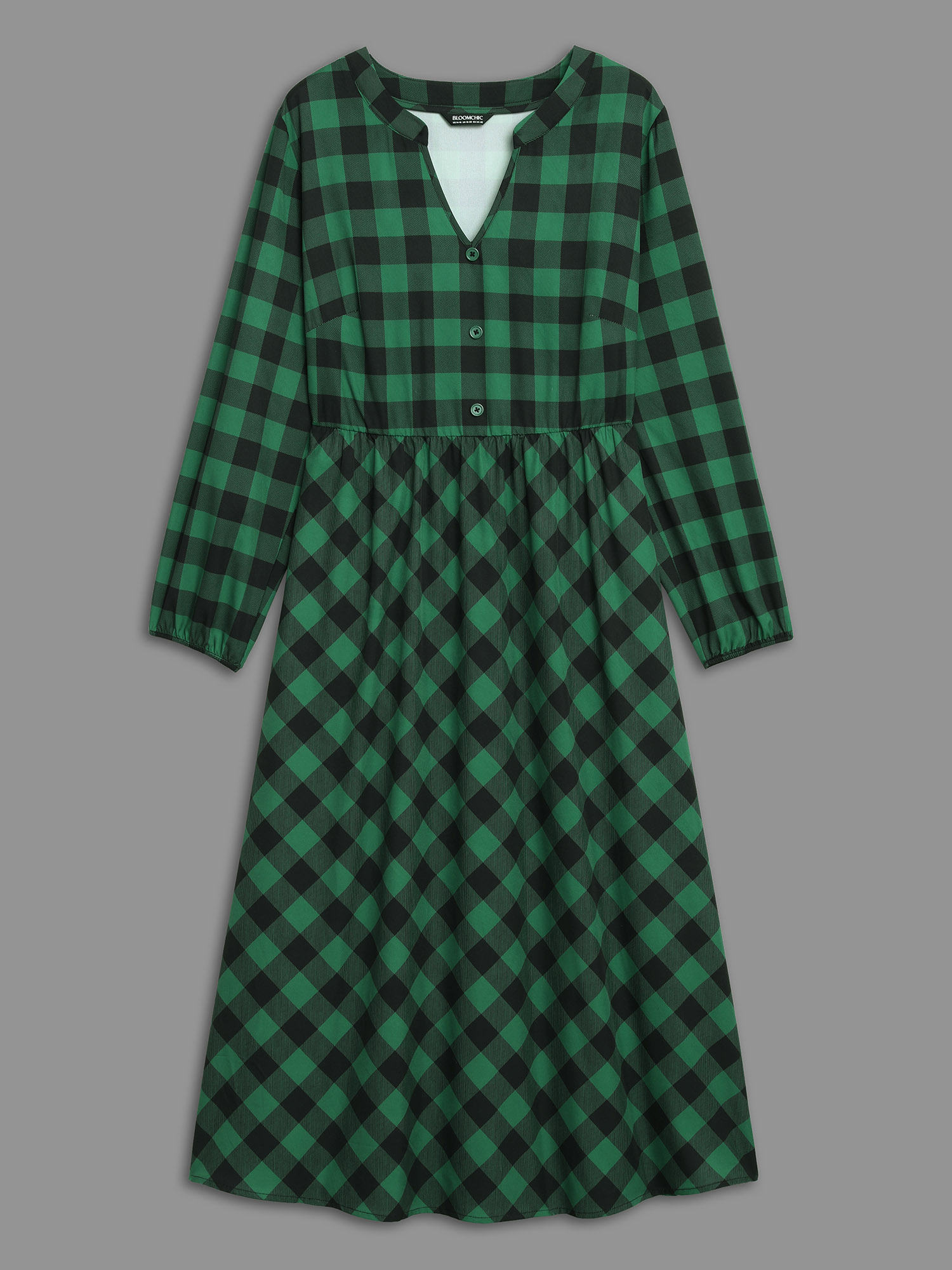 Plus Size Plaid Notched Collar Midi Dress DarkGreen Women Elegant Button Notched collar Long Sleeve Curvy BloomChic 10/M 