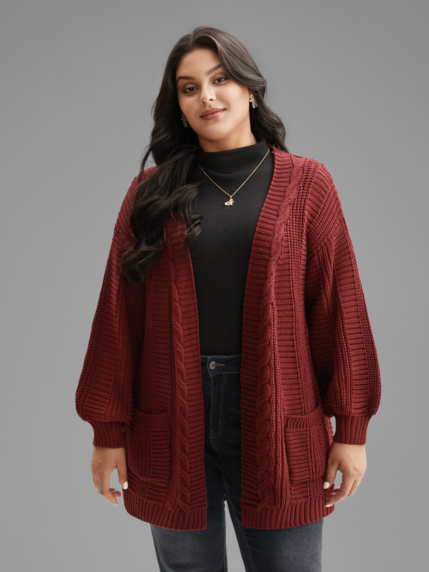 

Plus Size Cable Knit Ribbed Detailing Open Front Cardigan Deepred Women Casual Loose Long Sleeve Everyday Cardigans BloomChic