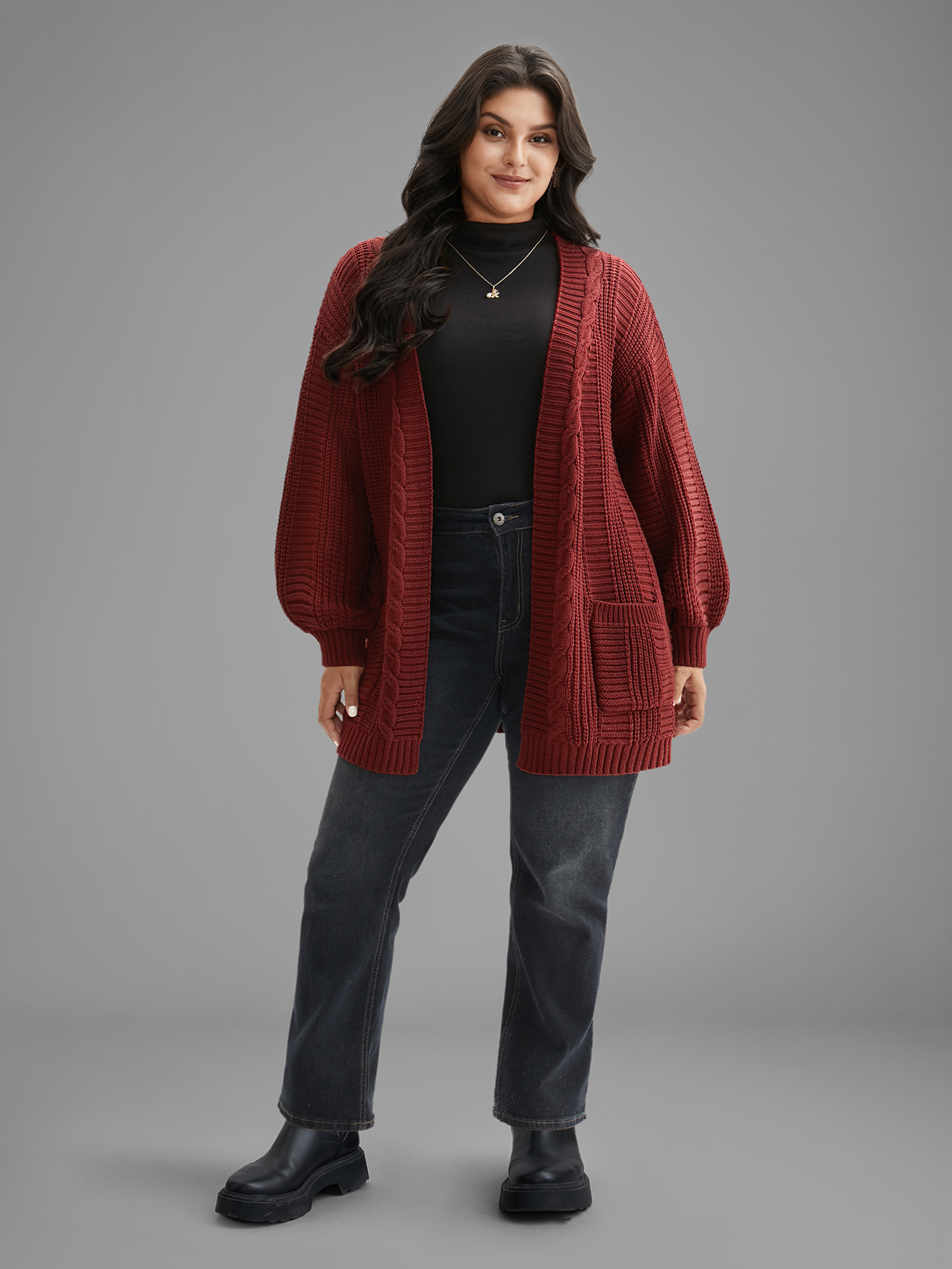 Plus Size Cable Knit Ribbed Detailing Open Front Cardigan Deepred Women Casual Loose Long Sleeve Everyday Cardigans BloomChic 18-20/2X 