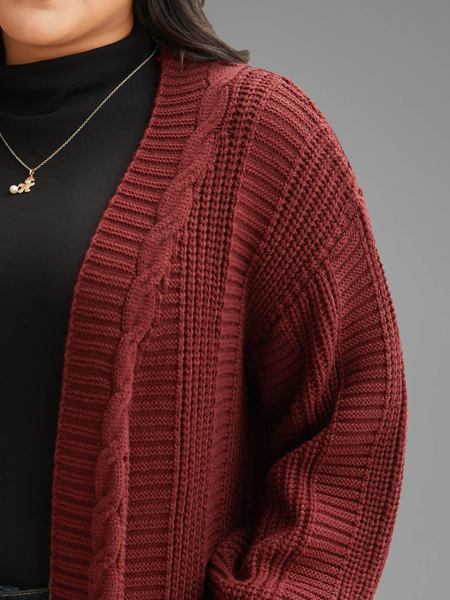 Plus Size Cable Knit Ribbed Detailing Open Front Cardigan Deepred Women Casual Loose Long Sleeve Everyday Cardigans BloomChic 18-20/2X 