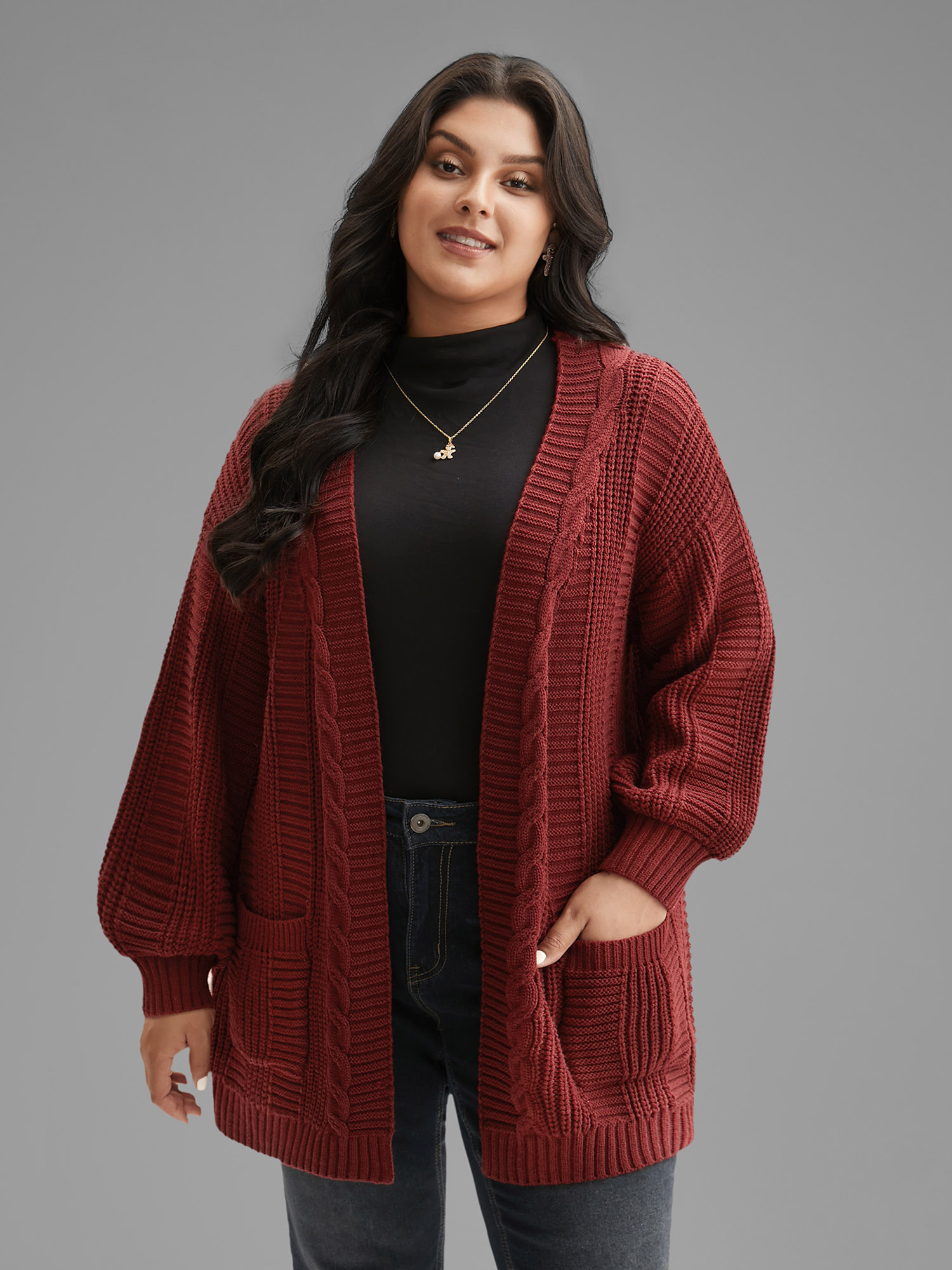 Plus Size Cable Knit Ribbed Detailing Open Front Cardigan Deepred Women Casual Loose Long Sleeve Everyday Cardigans BloomChic 18-20/2X 