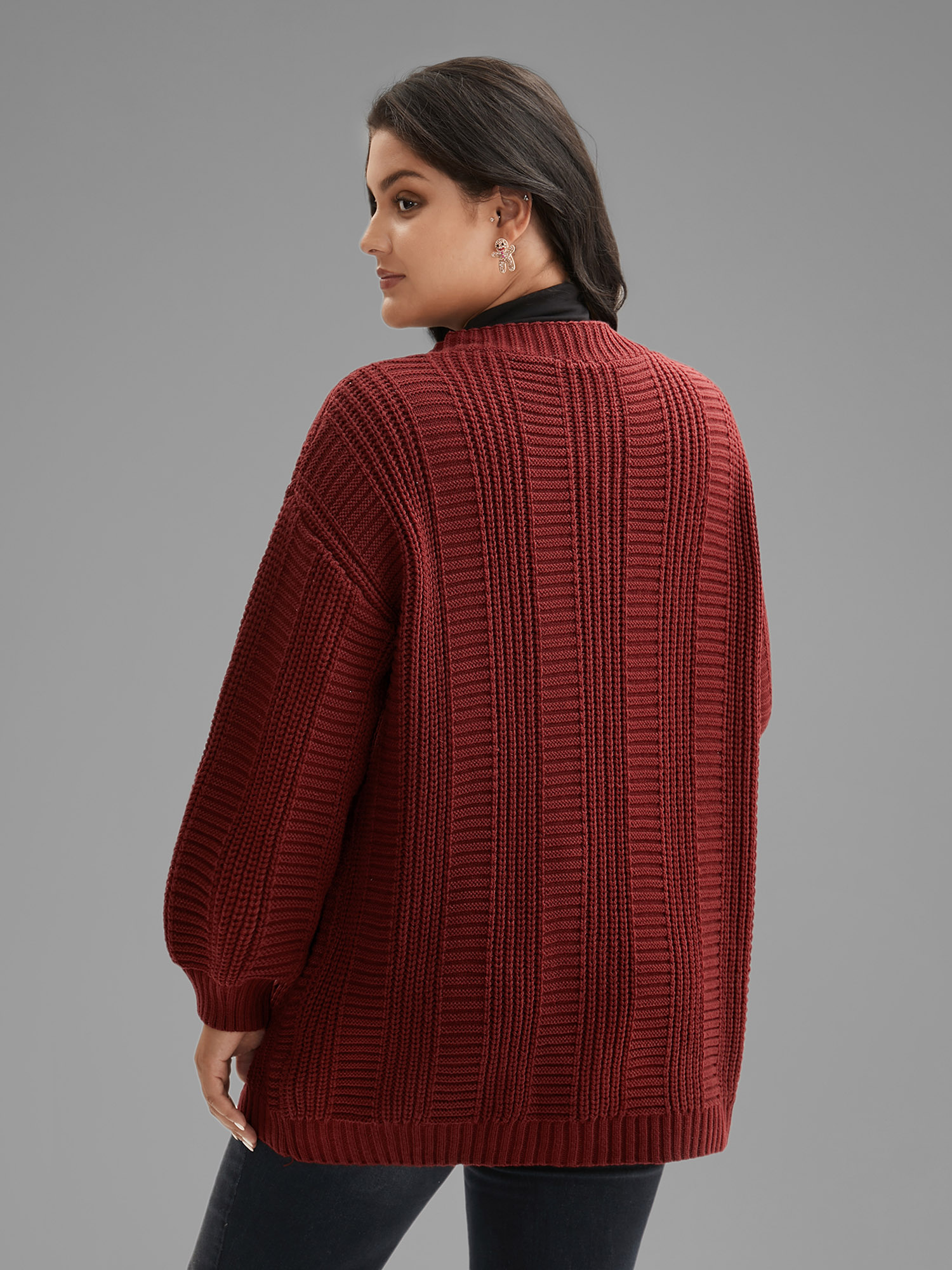 Plus Size Cable Knit Ribbed Detailing Open Front Cardigan Deepred Women Casual Loose Long Sleeve Everyday Cardigans BloomChic 18-20/2X 