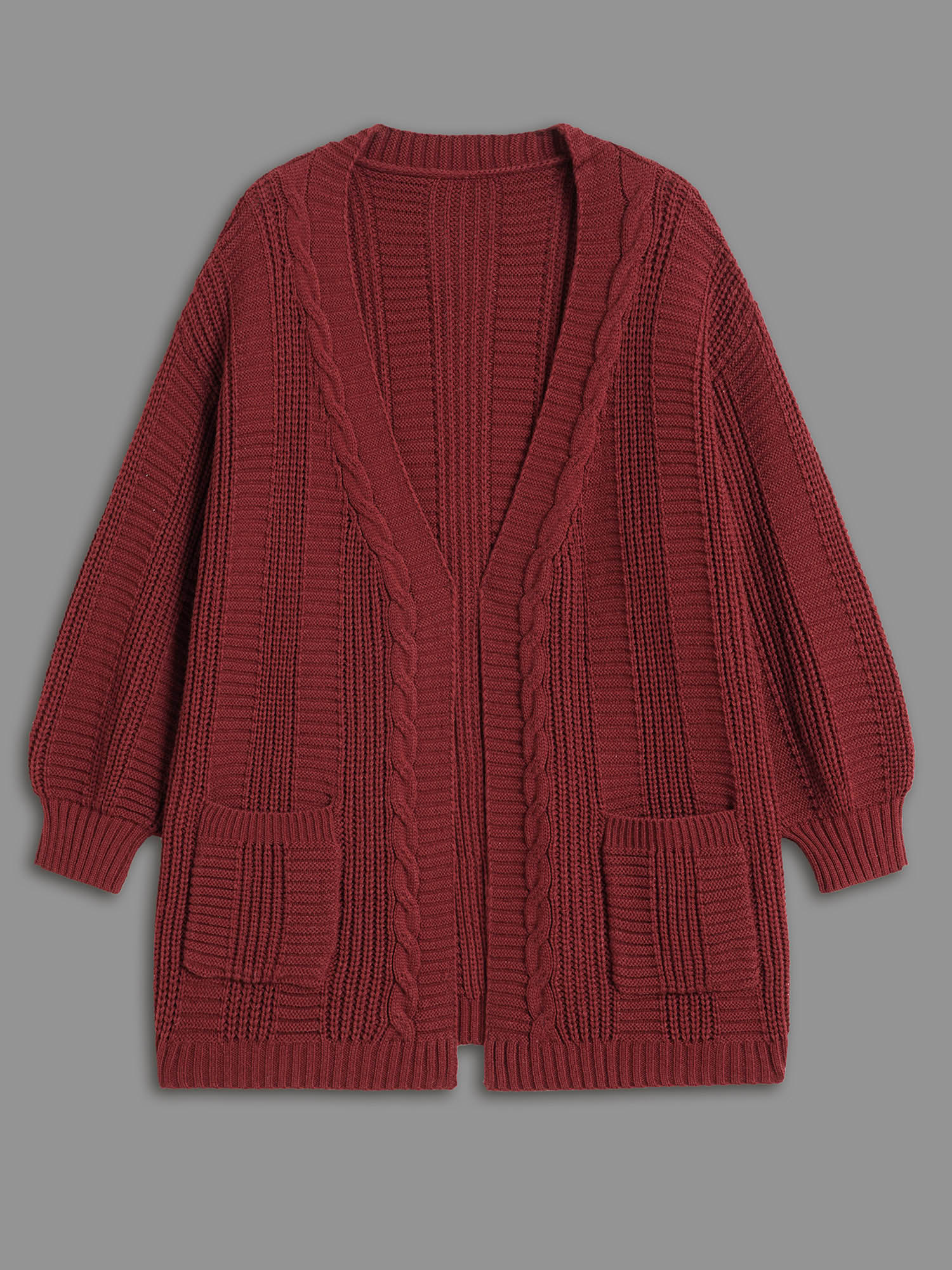 Plus Size Cable Knit Ribbed Detailing Open Front Cardigan Deepred Women Casual Loose Long Sleeve Everyday Cardigans BloomChic 18-20/2X 