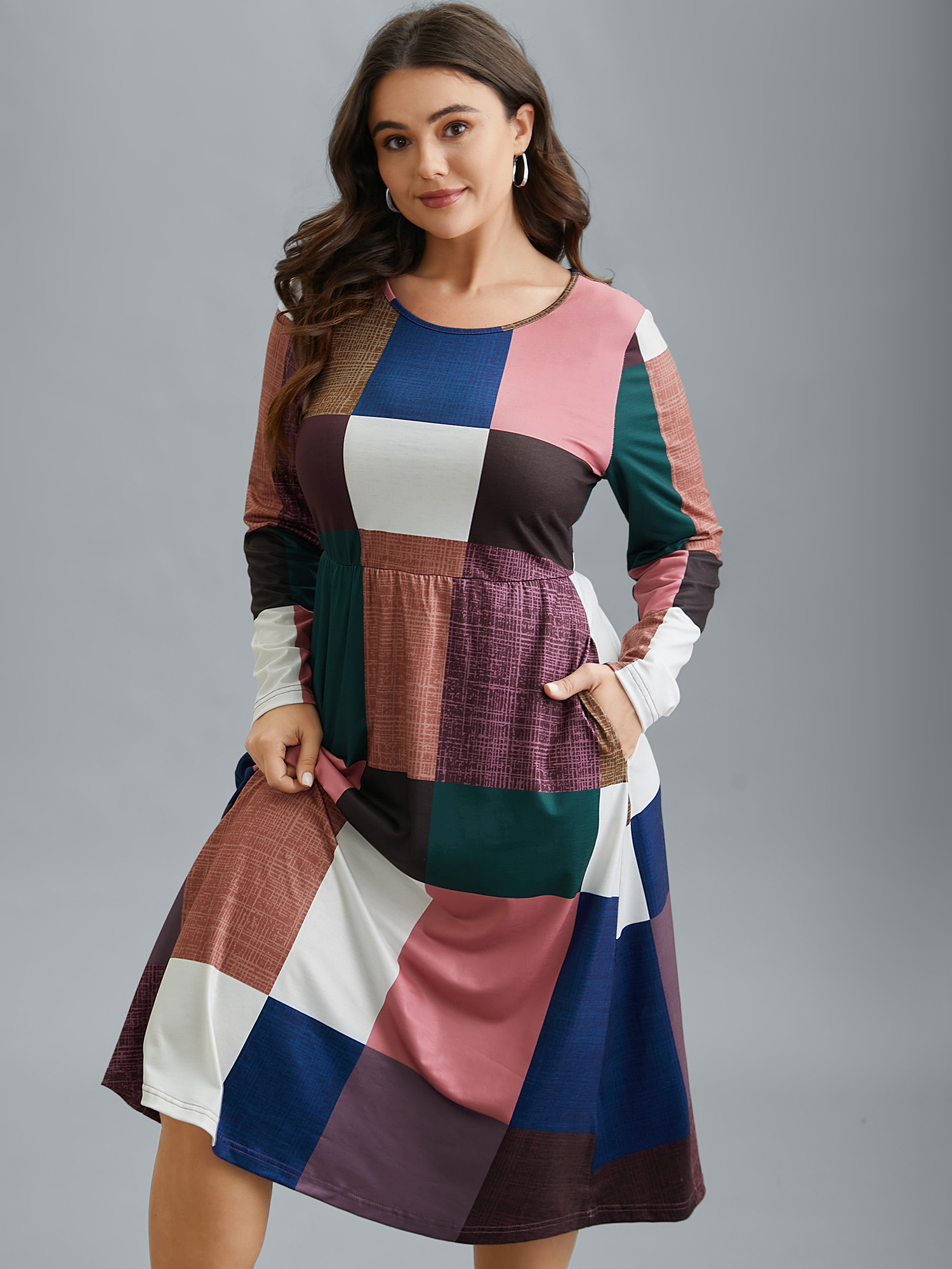 

Plus Size Geometric Block Stretchy Waist Pocket Midi Dress Multicolor Women Casual Non Knit Dresses Bloomchic 14/M