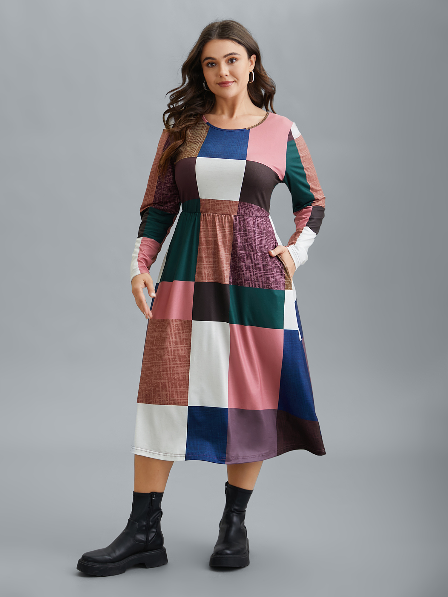 

Plus Size Geometric Block Stretchy Waist Pocket Midi Dress Multicolor Women Casual Non Knit Dresses Bloomchic