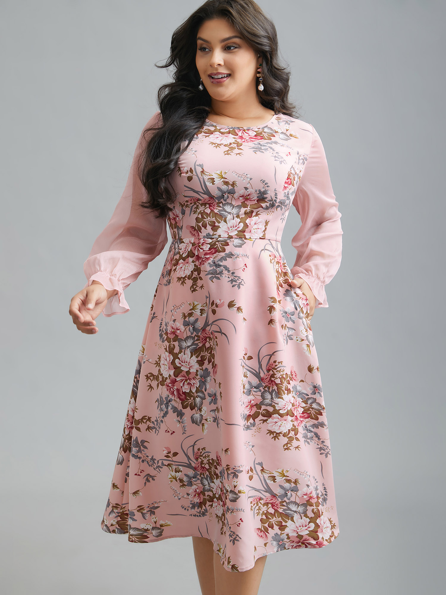 

Plus Size Floral Print Spliced Waist Cinched Midi Dress MistyRose Women Elegant See through Round Neck Long Sleeve Curvy BloomChic 16/L