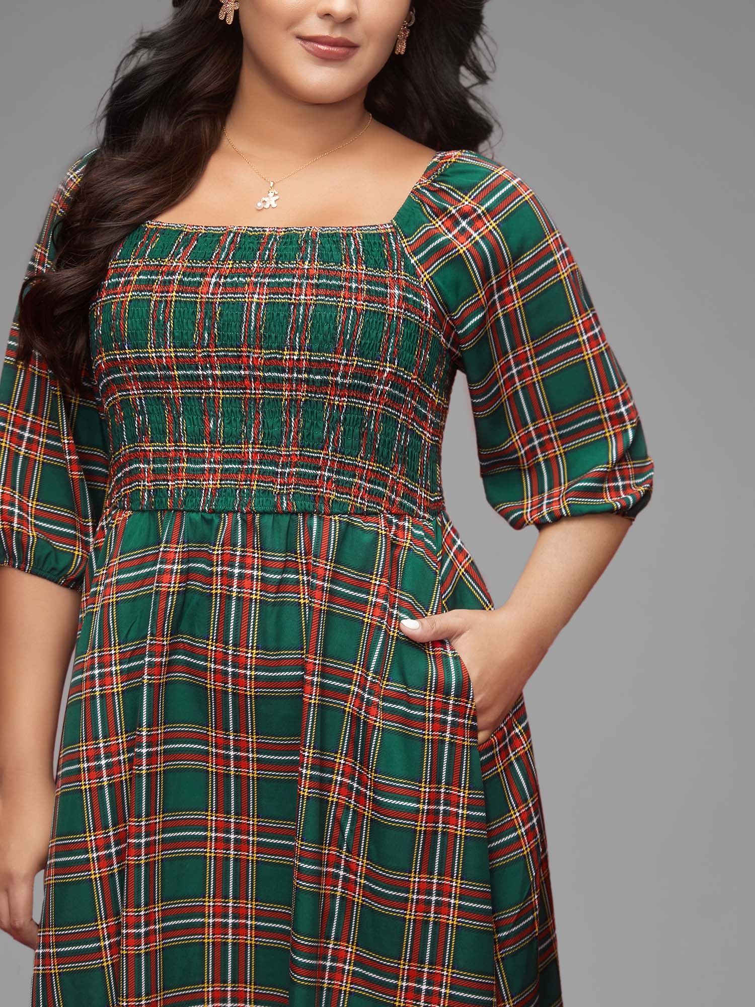 

Plus Size Square Neckline Plaid Smocked Bodice Midi Dress Emerald Women Casual Shirred Square Neck Elbow-length sleeve Curvy BloomChic