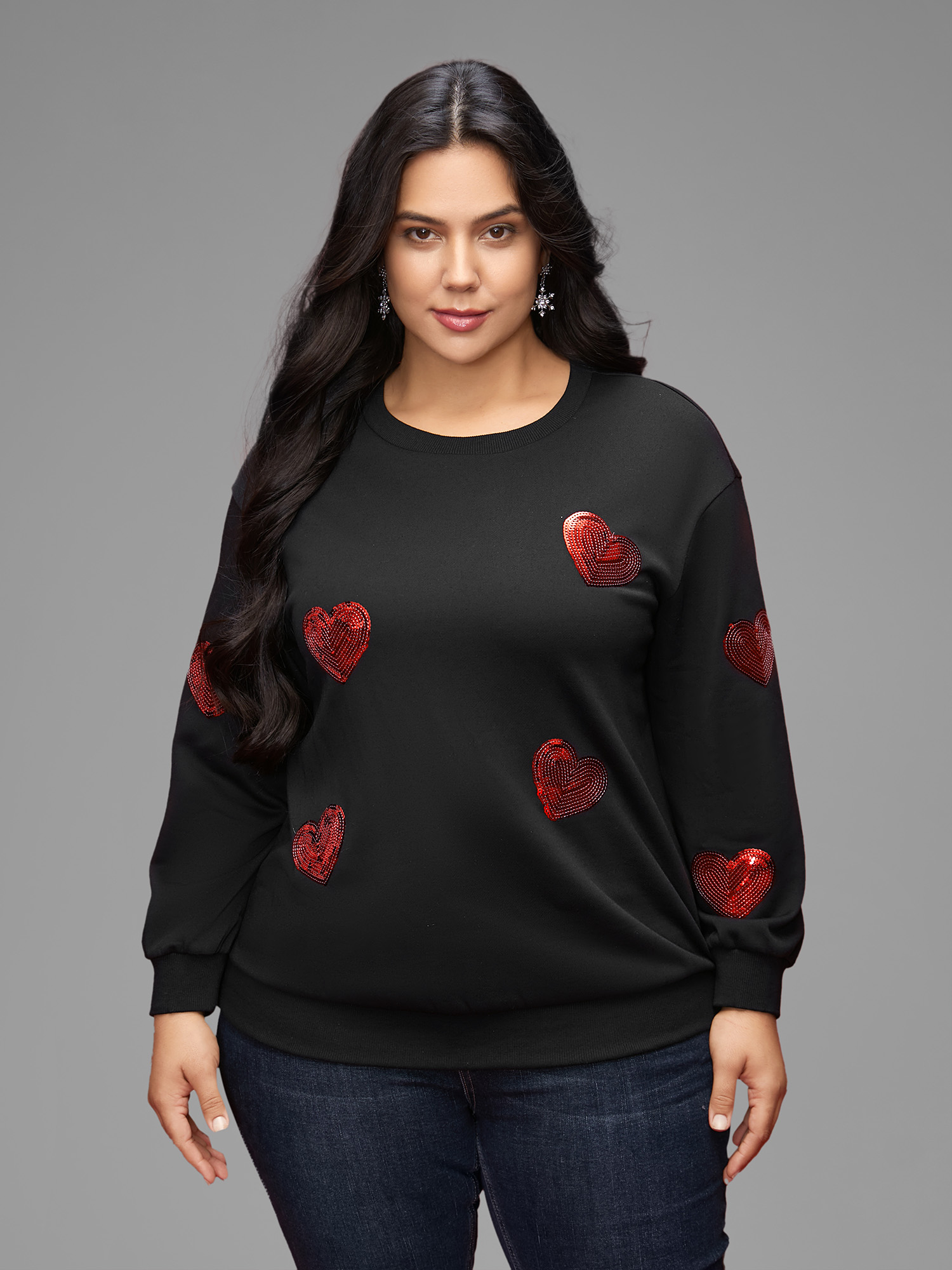 

Plus Size Sequin Heart Embellished Puffy Sleeves Sweatshirt Women Black Casual Round Neck Everyday Sweatshirts BloomChic