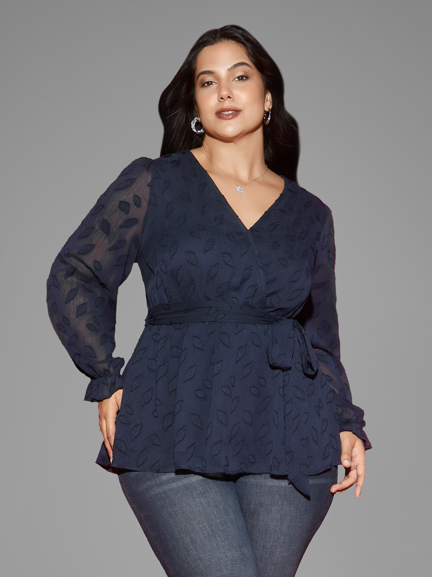 

Plus Size Indigo Burn-out Fabric Surplice Neckline Shirt Women Cocktail Long Sleeve Overlap Collar Party Blouses BloomChic