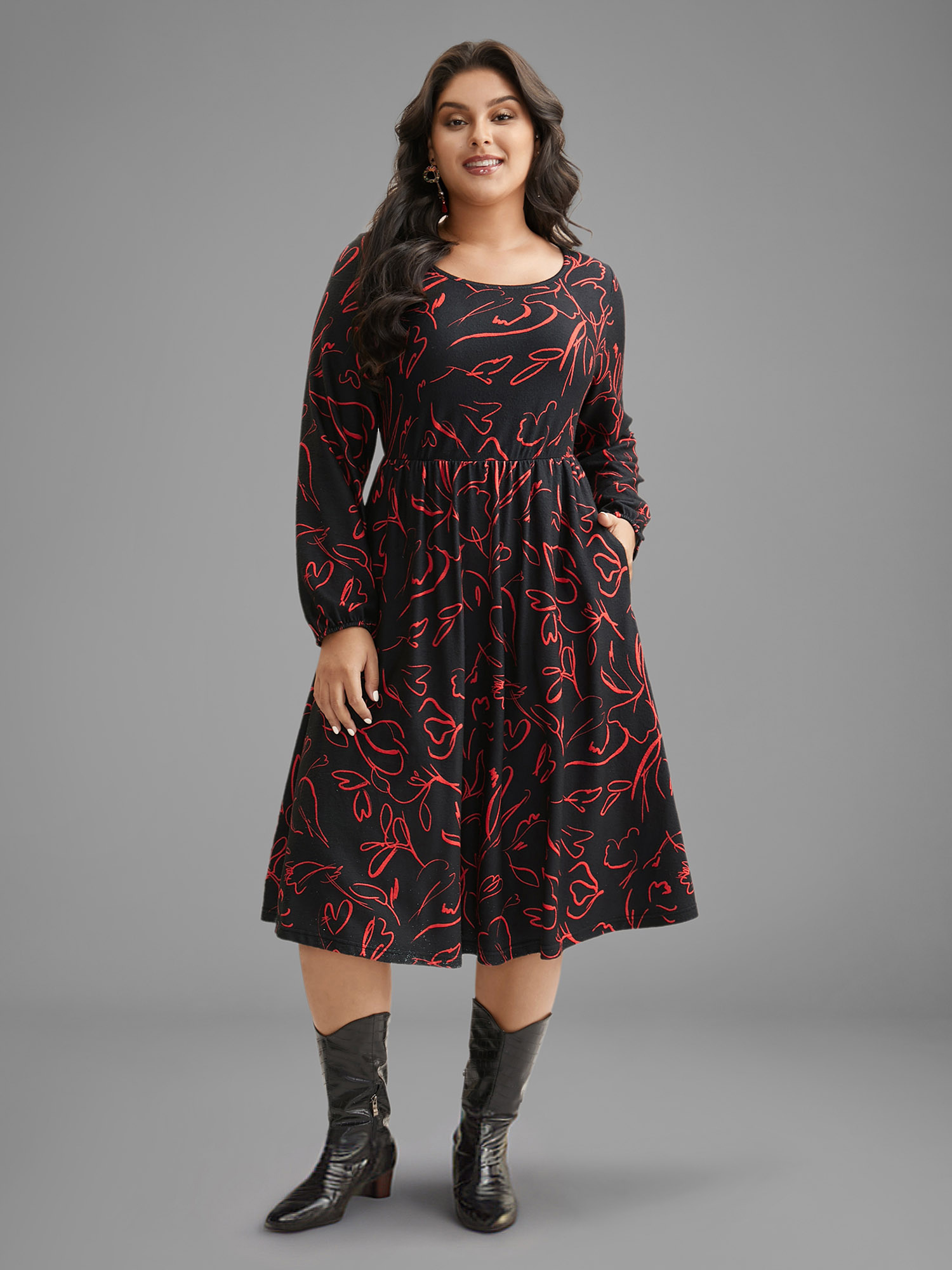 

Plus Size Floral Knit Round Neck Midi Dress BlackFlower Women Casual Non Party Curvy Bloomchic