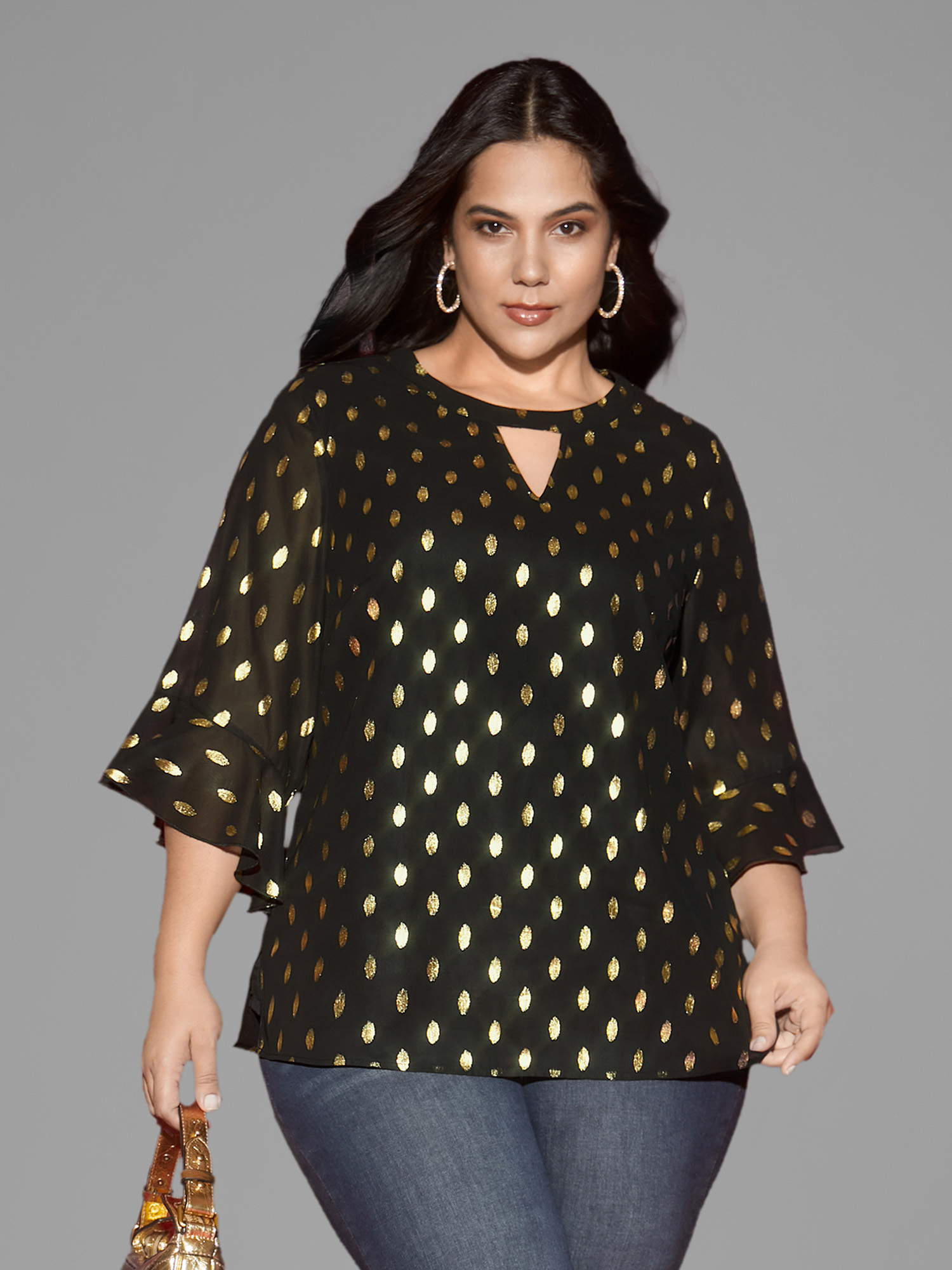 

Plus Size Black Gold Foil Neck Cut-Out Blouse Women Cocktail Elbow-length sleeve Round Neck Party Blouses BloomChic