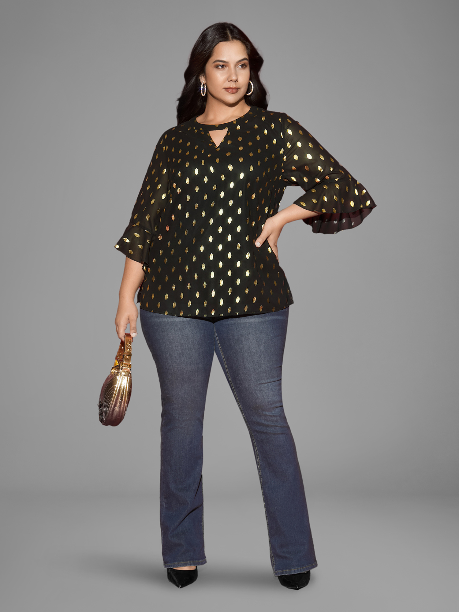 Plus Size Black Gold Foil Neck Cut-Out Blouse Women Cocktail Elbow-length sleeve Round Neck Party Blouses BloomChic 18-20/2X 