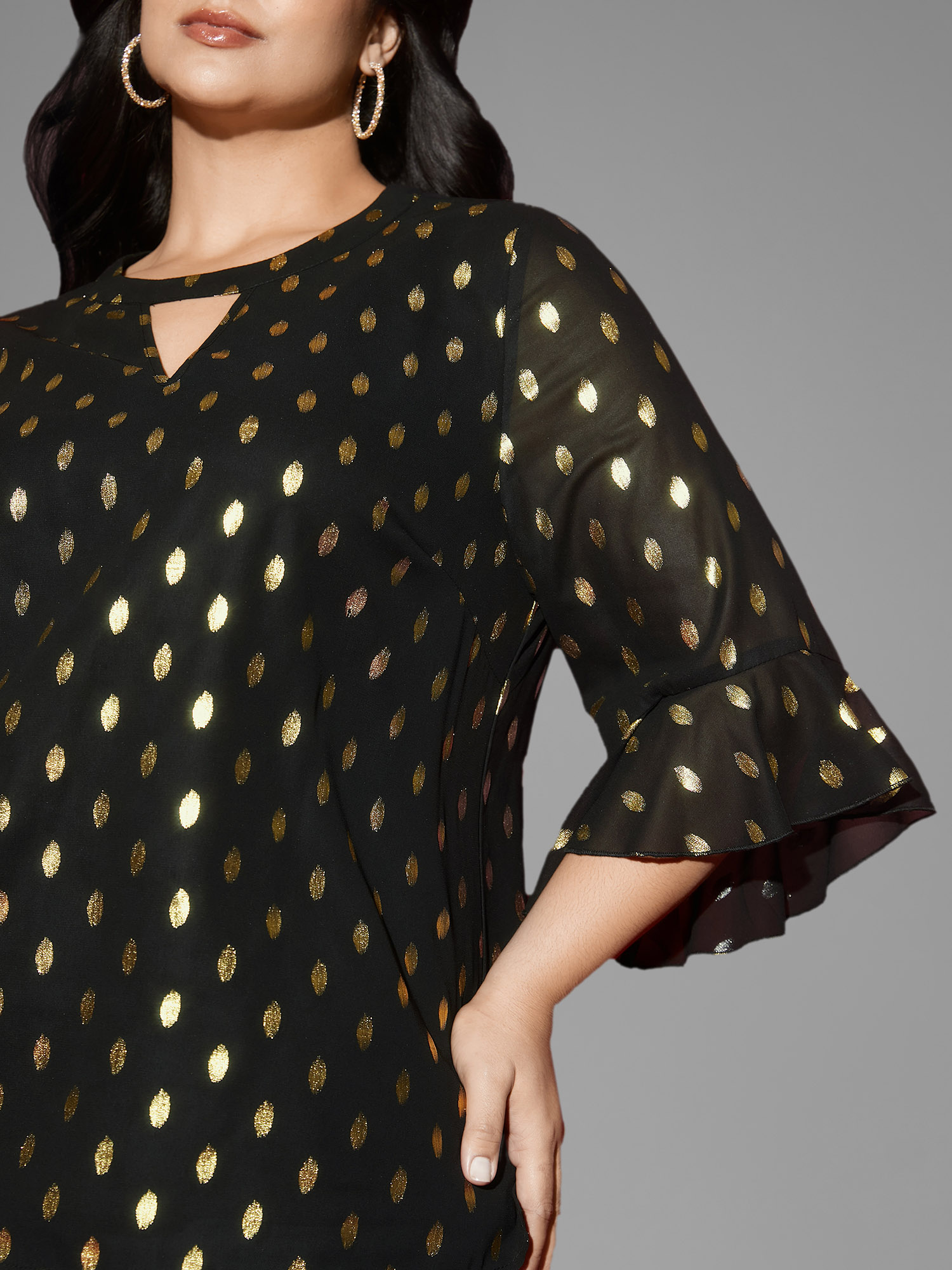 Plus Size Black Gold Foil Neck Cut-Out Blouse Women Cocktail Elbow-length sleeve Round Neck Party Blouses BloomChic 18-20/2X 