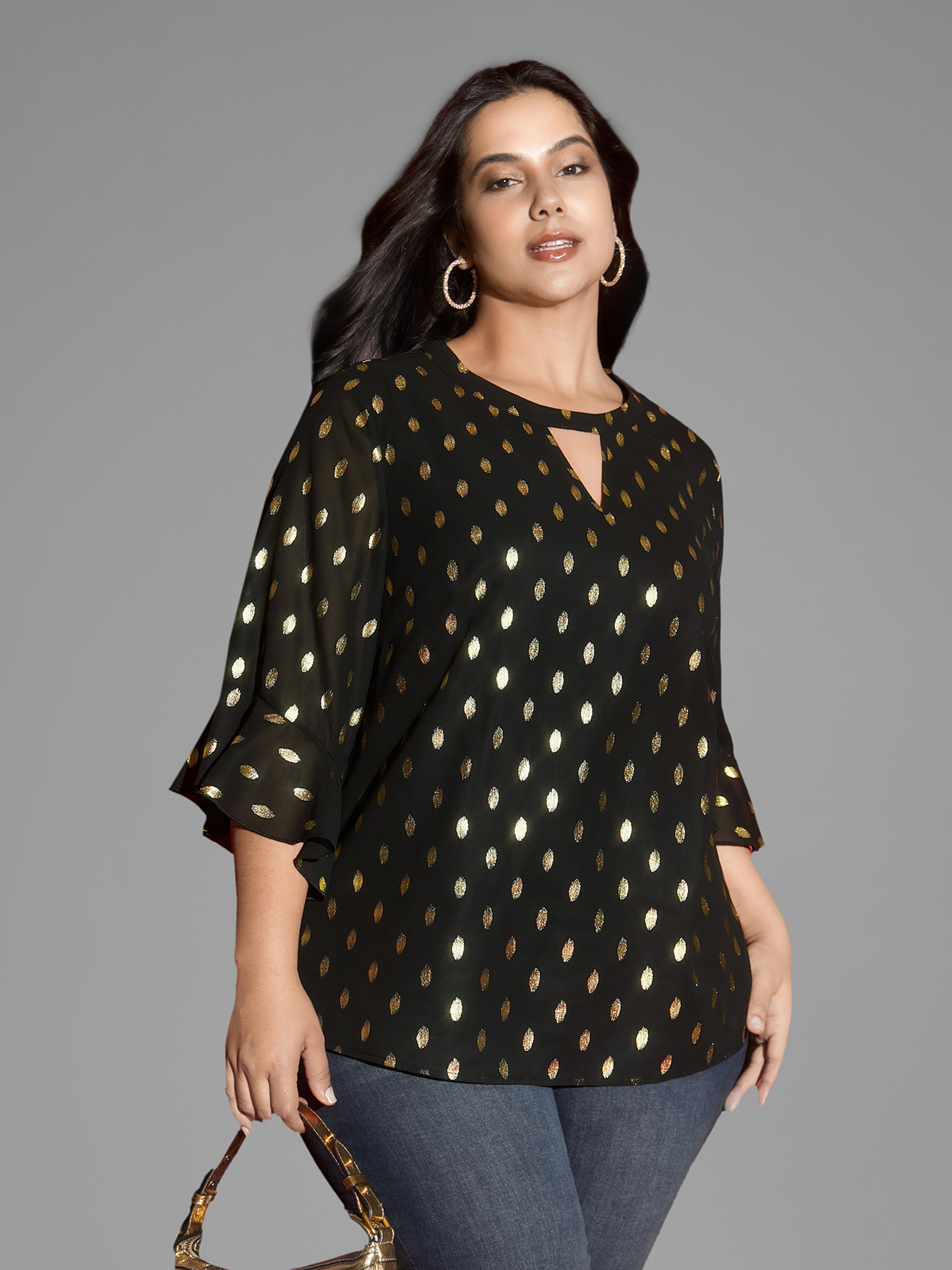 Plus Size Black Gold Foil Neck Cut-Out Blouse Women Cocktail Elbow-length sleeve Round Neck Party Blouses BloomChic 18-20/2X 