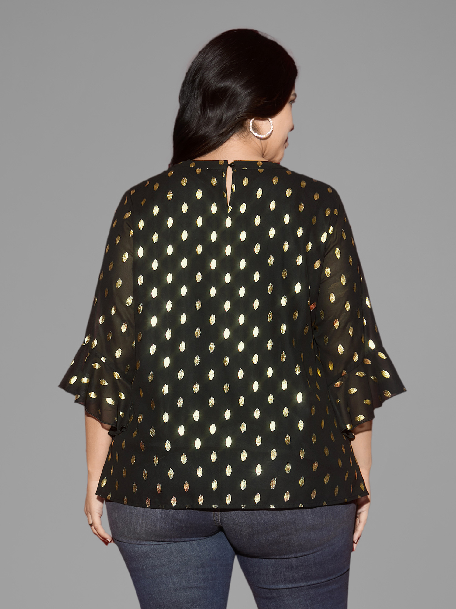 Plus Size Black Gold Foil Neck Cut-Out Blouse Women Cocktail Elbow-length sleeve Round Neck Party Blouses BloomChic 18-20/2X 