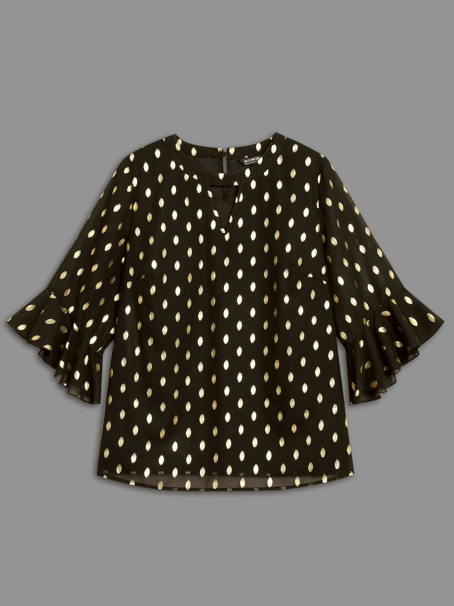 Plus Size Black Gold Foil Neck Cut-Out Blouse Women Cocktail Elbow-length sleeve Round Neck Party Blouses BloomChic 18-20/2X 
