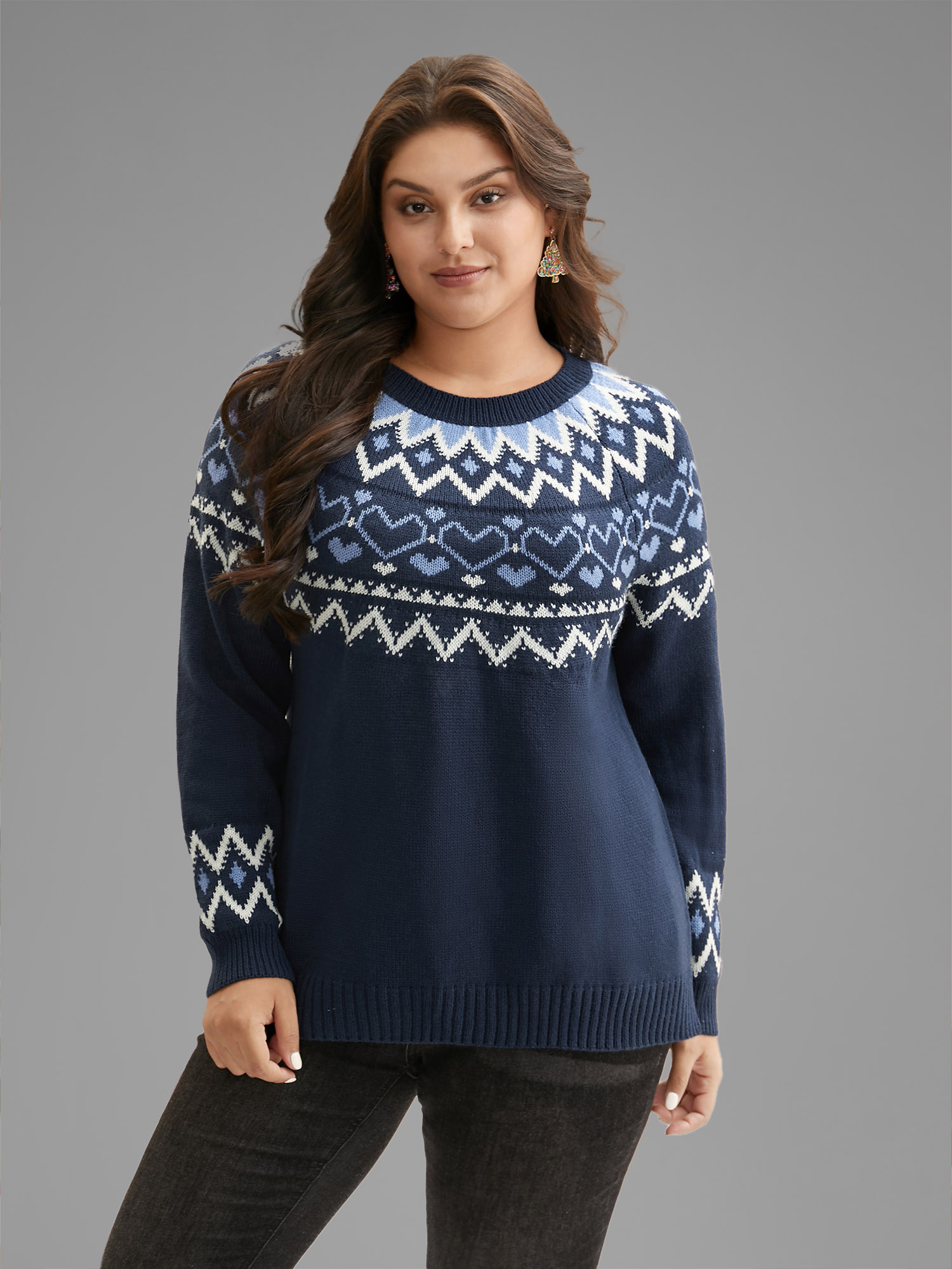 

Plus Size Fair Isle Yoke Pattern Crew-Neck Pullover Indigo Women Casual Loose Long Sleeve Round Neck Everyday Pullovers BloomChic