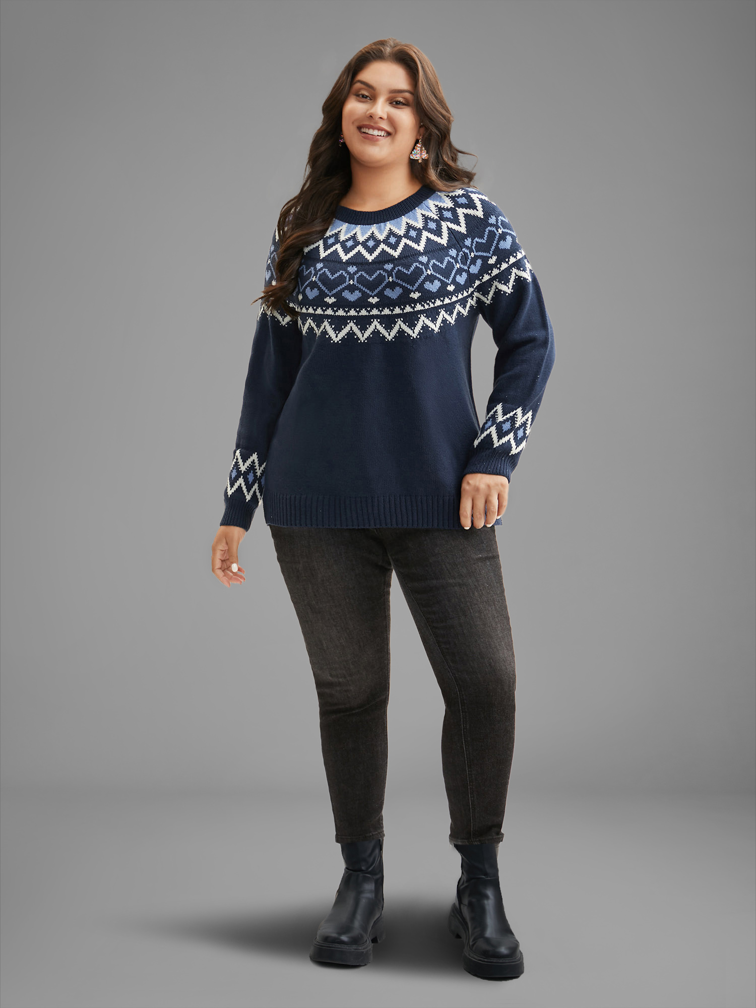 

Plus Size Fair Isle Yoke Pattern Crew-Neck Pullover Indigo Women Casual Loose Long Sleeve Round Neck Everyday Pullovers BloomChic