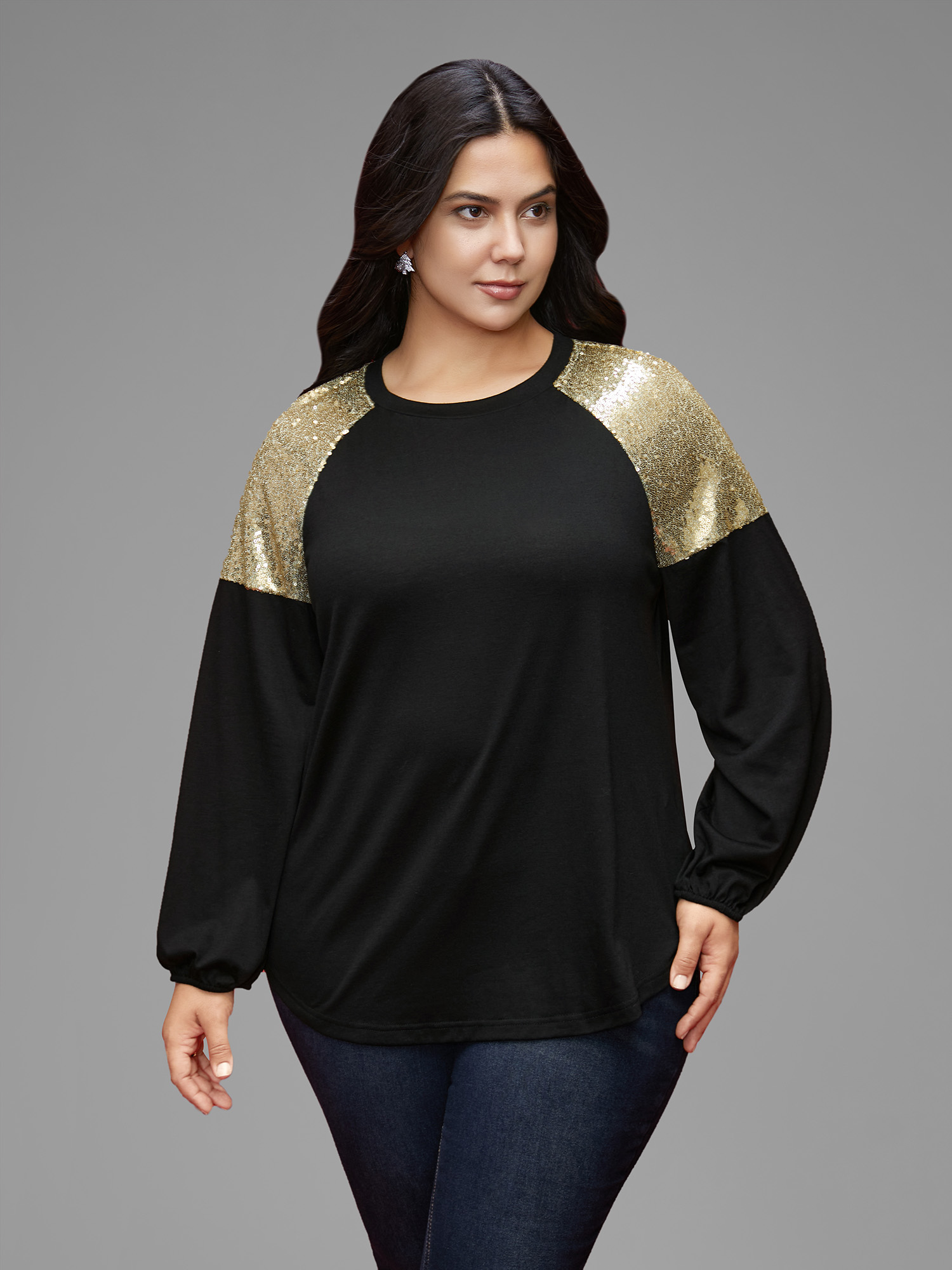 

Plus Size Shimmery Shoulder Raglan Sleeves Tee Black Women Casual Patchwork Round Neck Everyday T-shirts BloomChic