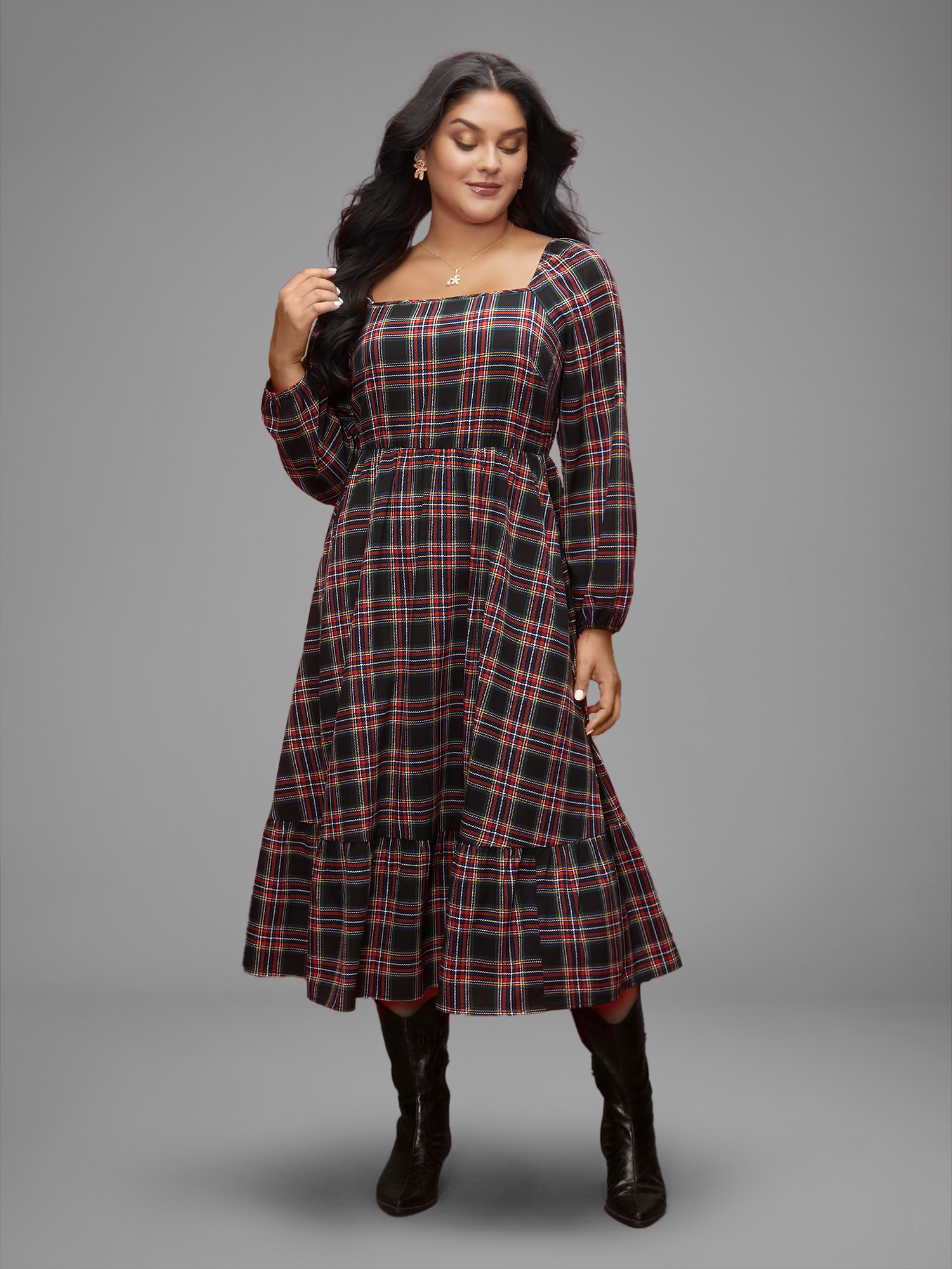 

Plus Size Plaid Square Neckline Puffy Sleeve Midi Dress Black Women Elegant Non Square Neck Long Sleeve Curvy BloomChic