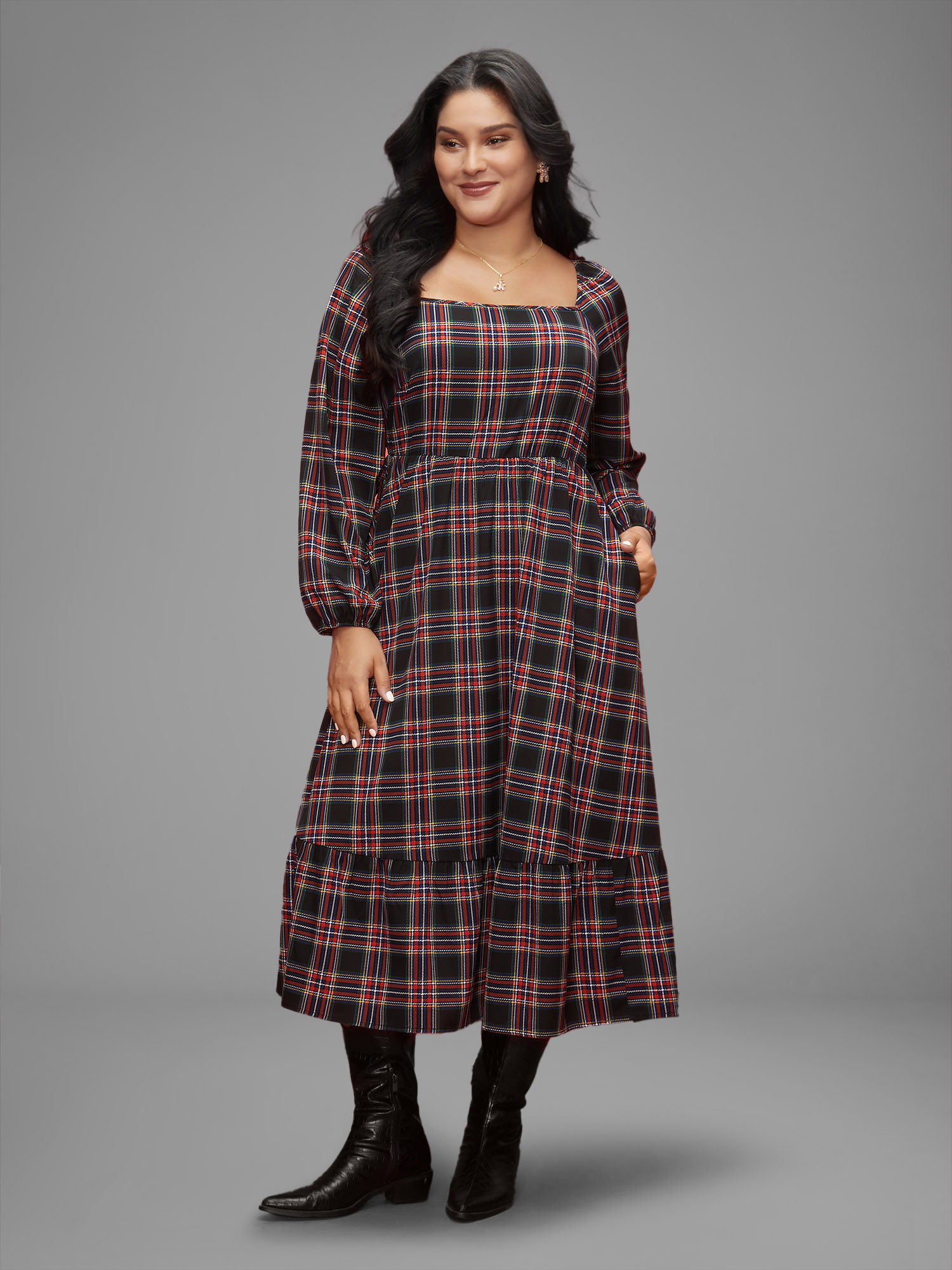 Plus Size Plaid Square Neckline Puffy Sleeve Midi Dress Black Women Elegant Non Square Neck Long Sleeve Curvy BloomChic 30/6X 