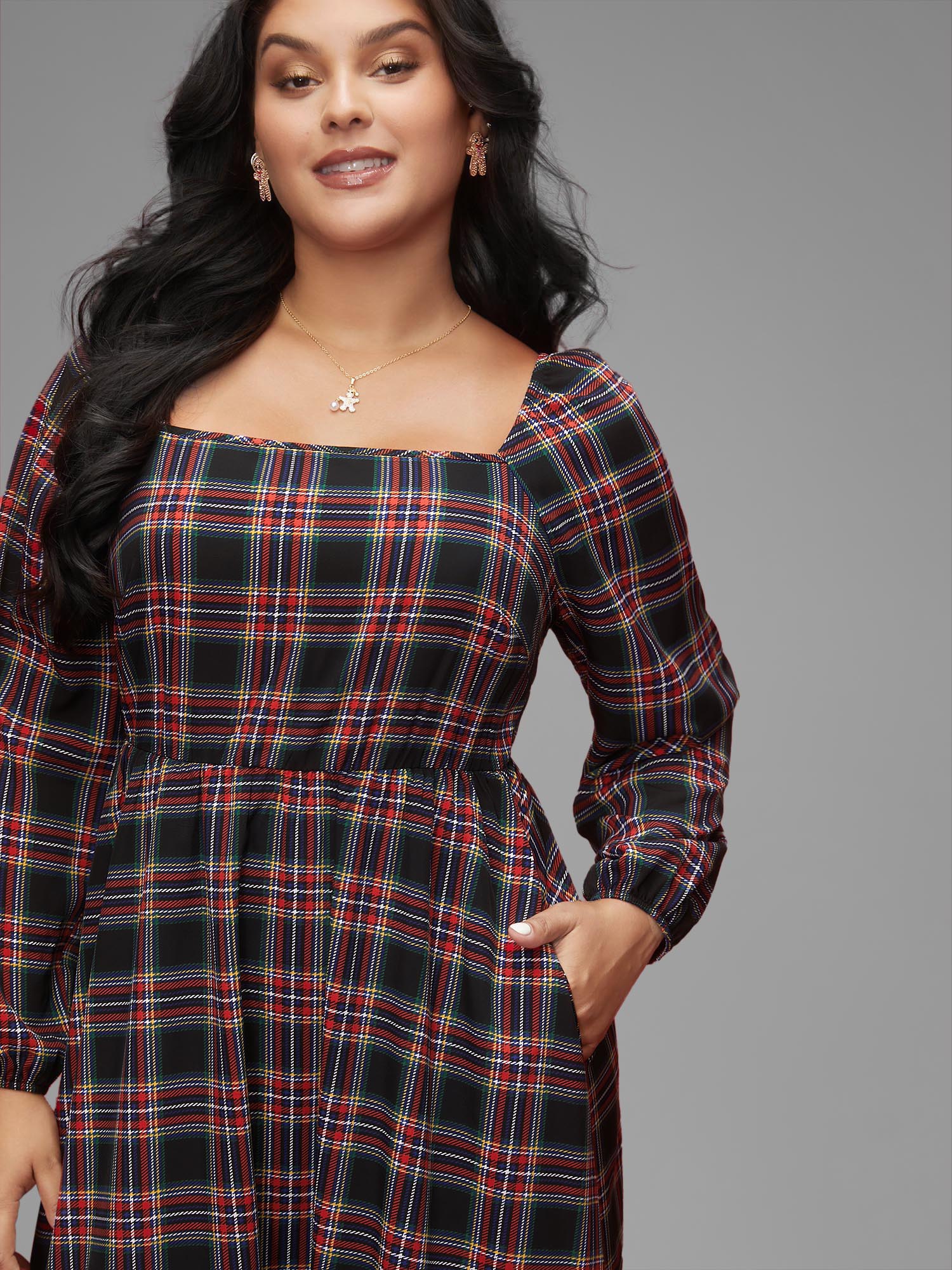 Plus Size Plaid Square Neckline Puffy Sleeve Midi Dress Black Women Elegant Non Square Neck Long Sleeve Curvy BloomChic 30/6X 