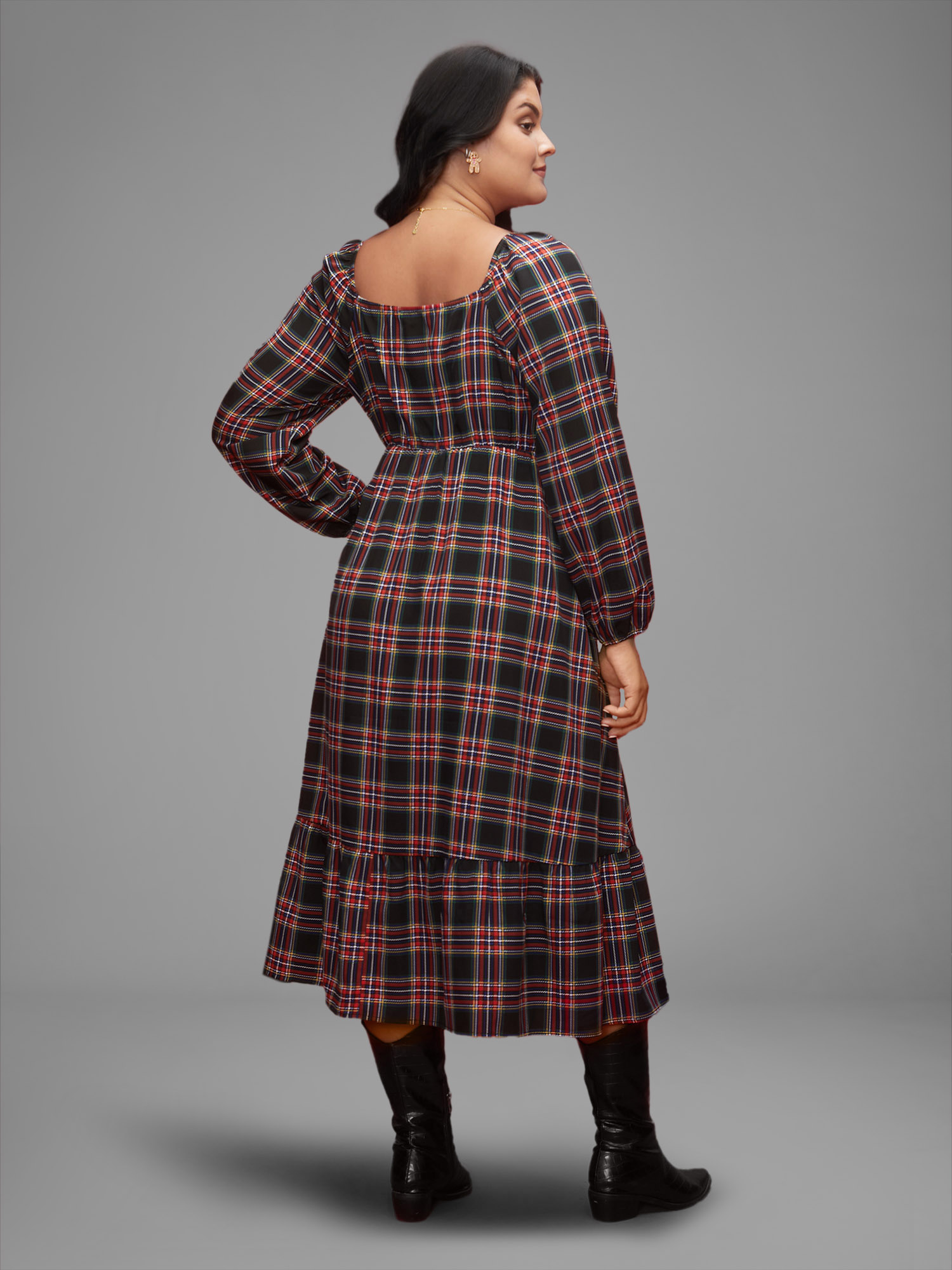Plus Size Plaid Square Neckline Puffy Sleeve Midi Dress Black Women Elegant Non Square Neck Long Sleeve Curvy BloomChic 30/6X 