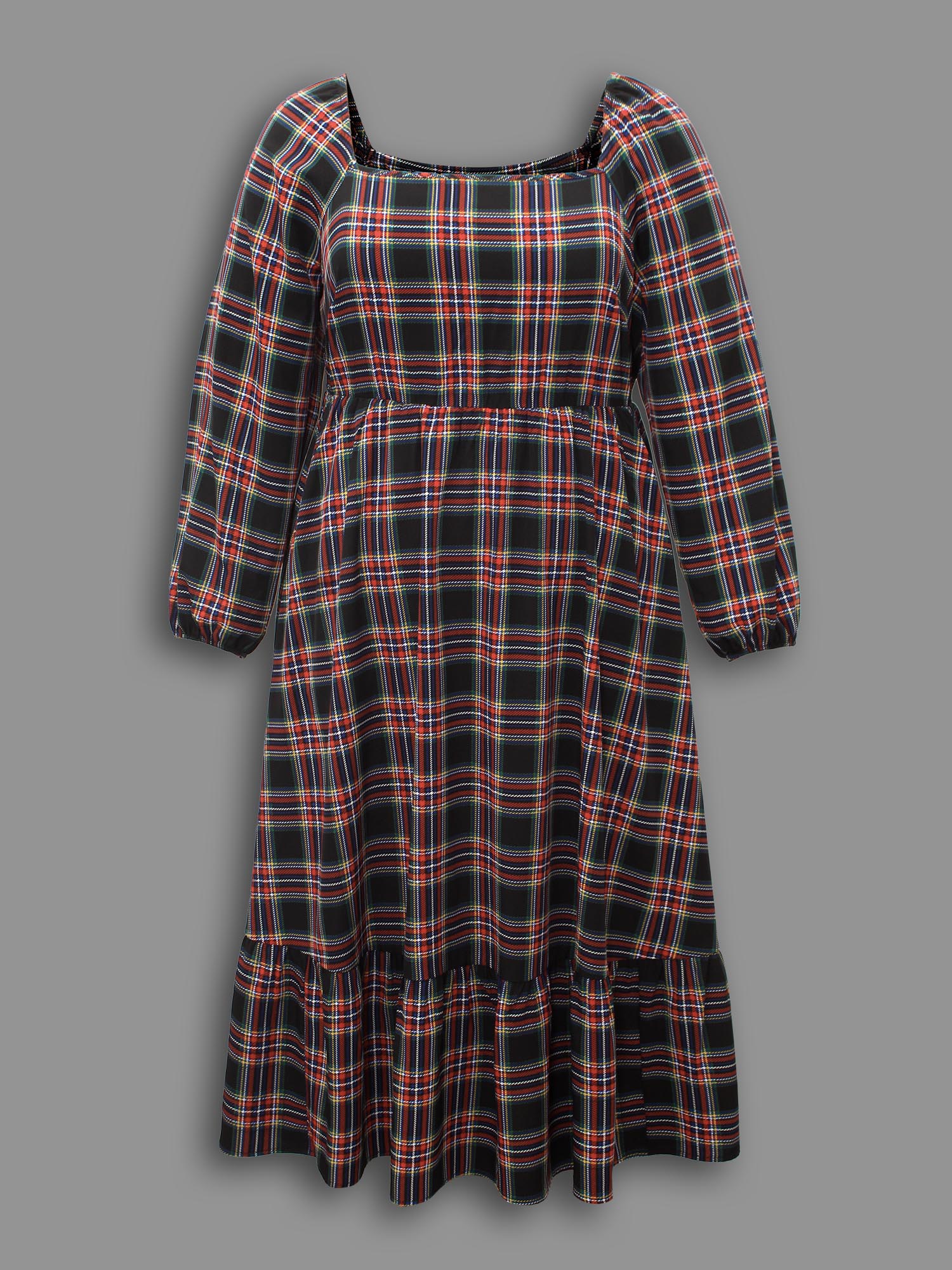 Plus Size Plaid Square Neckline Puffy Sleeve Midi Dress Black Women Elegant Non Square Neck Long Sleeve Curvy BloomChic 30/6X 