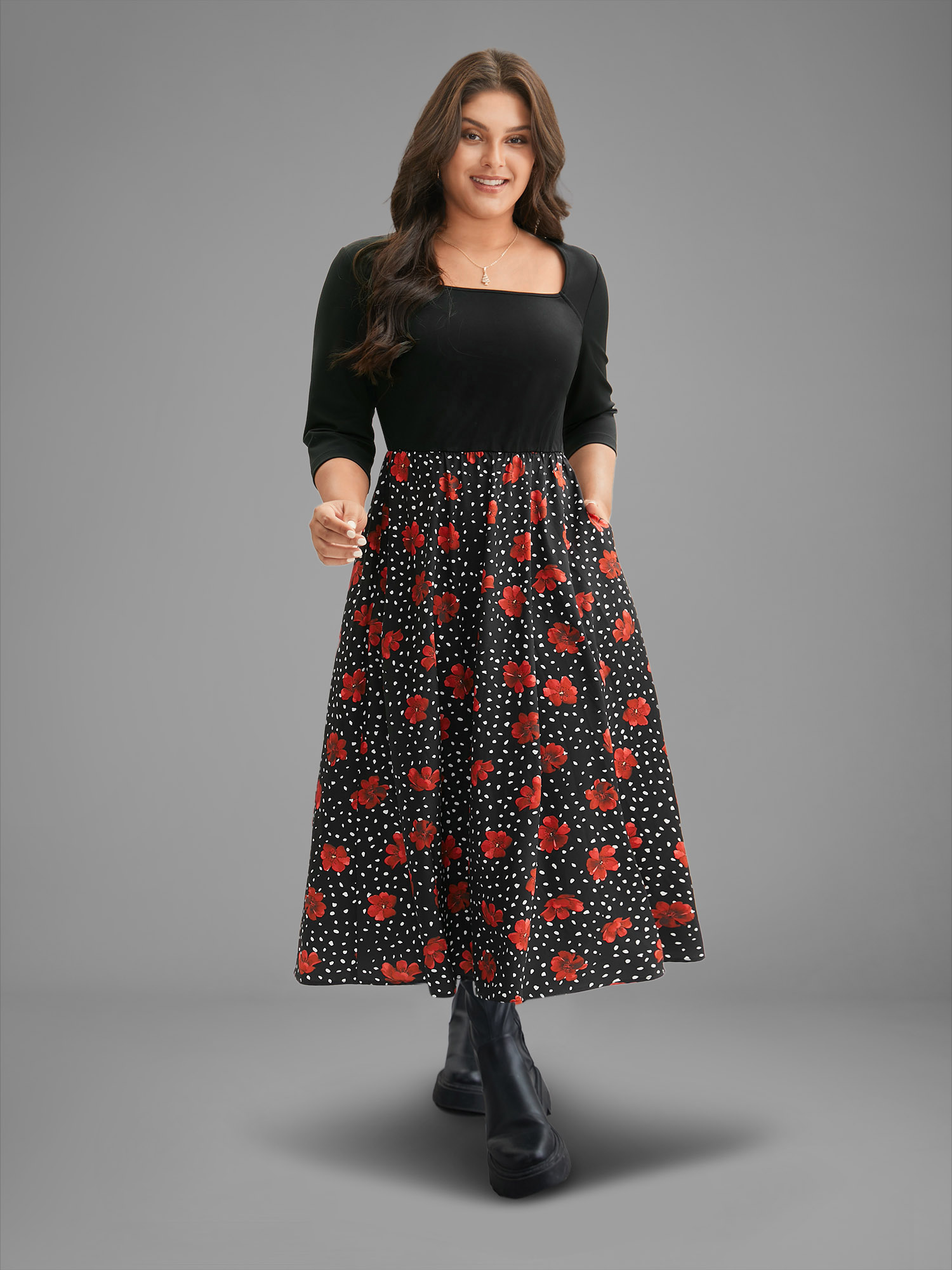 

Plus Size Festive Floral Skirt Square Neck Midi Dress BlackFlower Women Elegant Patchwork Square Neck Elbow-length sleeve Curvy BloomChic