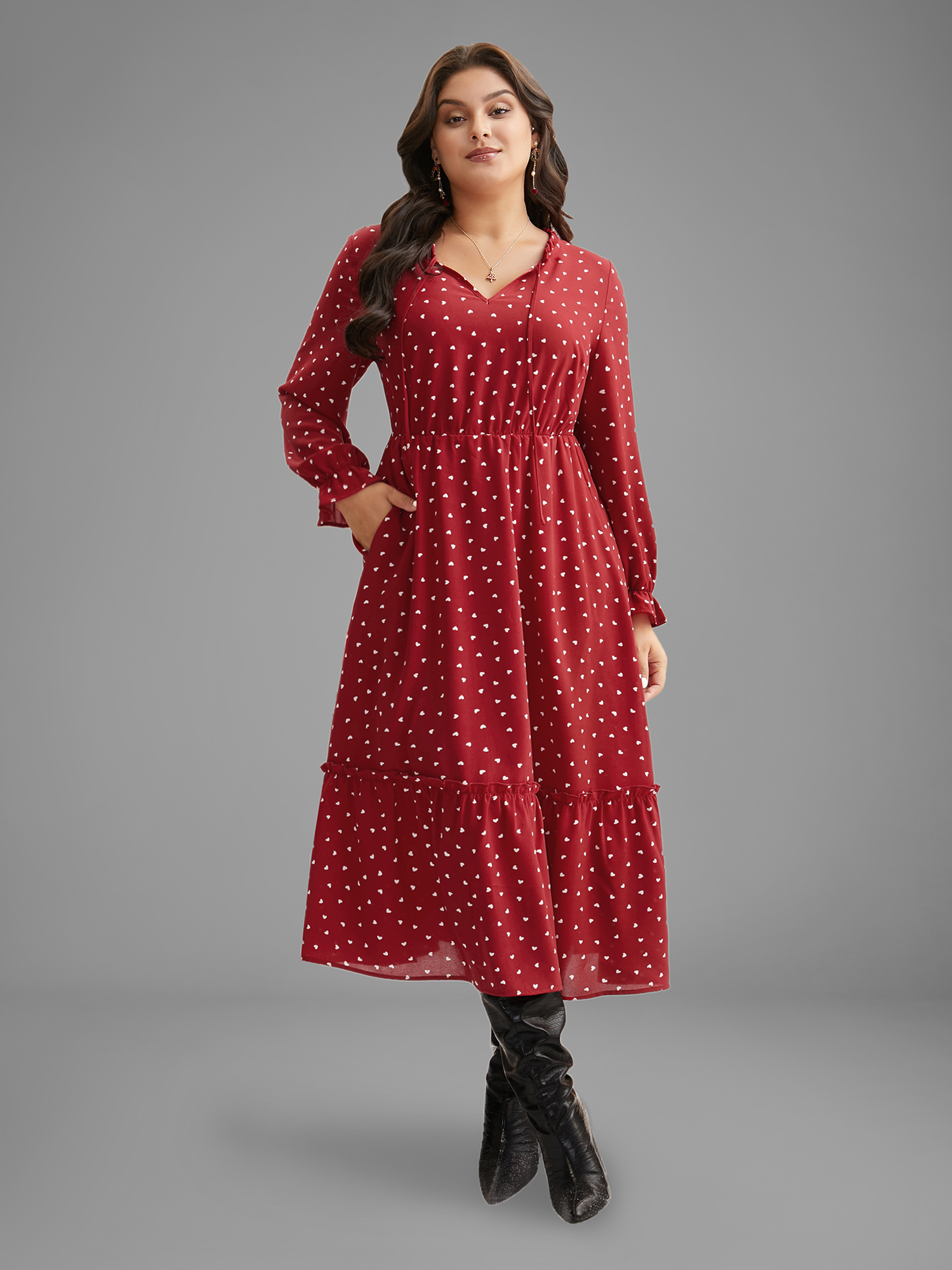 

Plus Size Polka Dot Tiered Hem Midi Dress Scarlet Women Elegant Tie knot Party Curvy Bloomchic