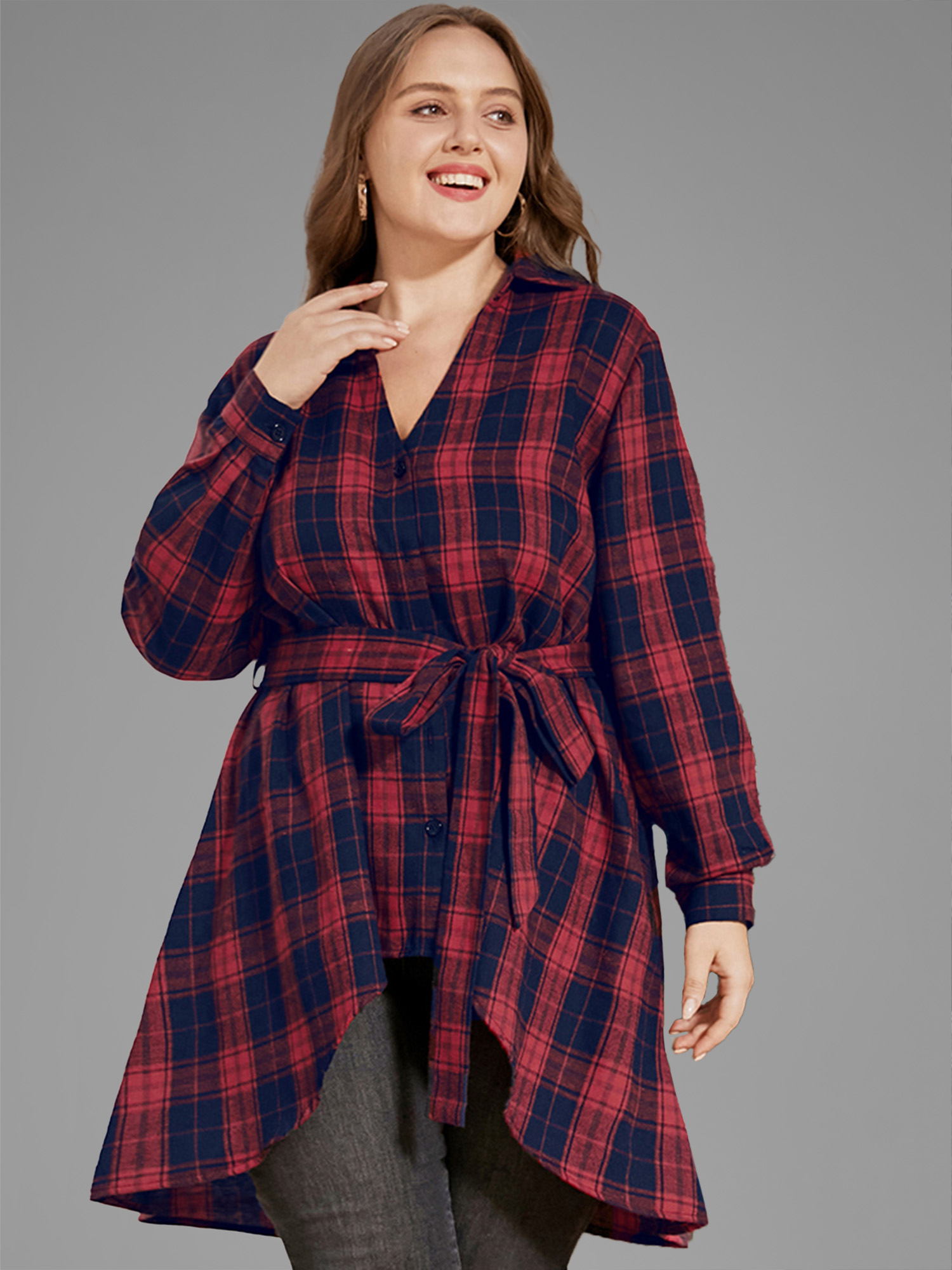 

Plus Size Red Plaid Button Up Asymmetrical Hem Belted Blouse Women Elegant Long Sleeve V-neck Dailywear Blouses BloomChic