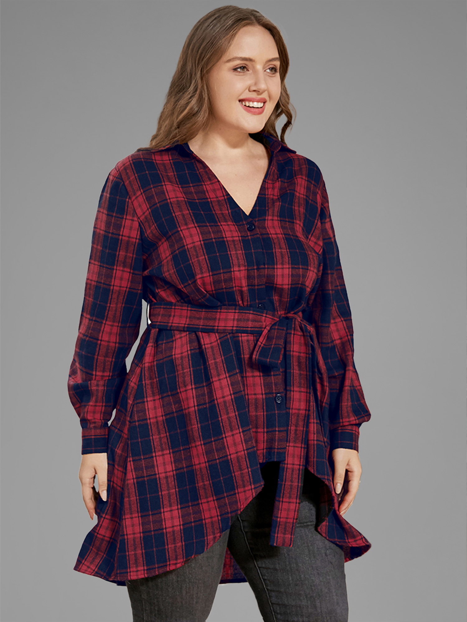 

Plus Size Red Plaid Button Up Asymmetrical Hem Belted Blouse Women Elegant Long Sleeve V-neck Dailywear Blouses BloomChic